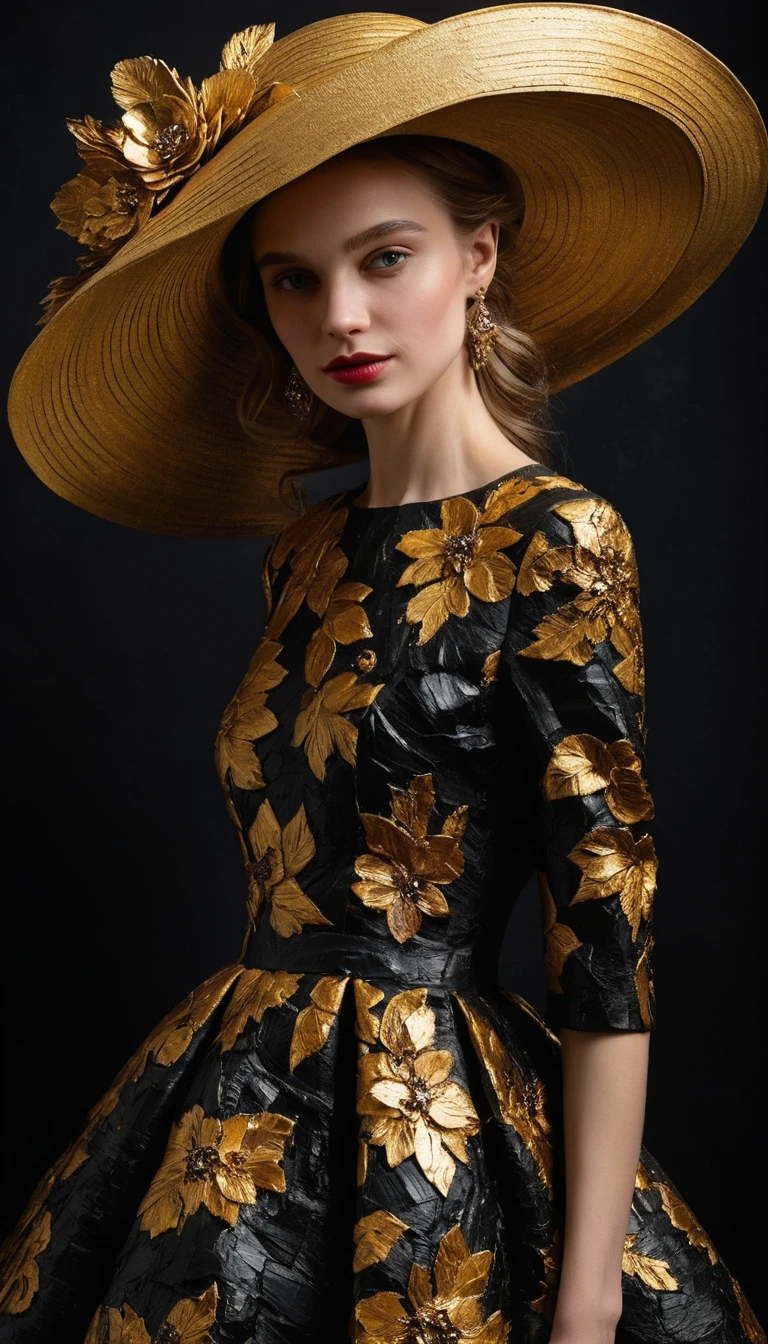 Somber fashion woman in hat against deep black background