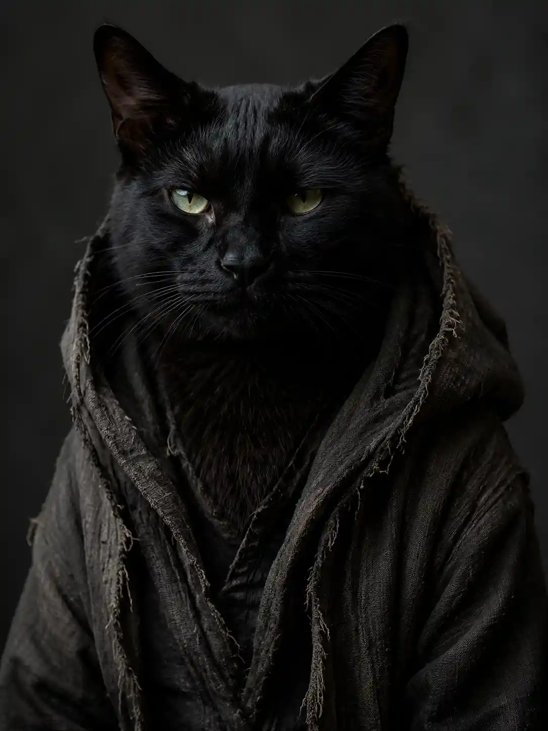 Cinematic portrait of a black cat in a linen hoodie