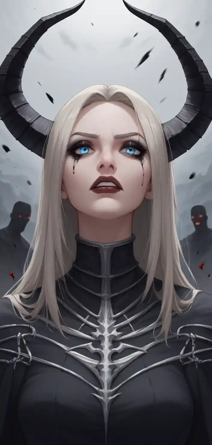 Horned platinum blonde woman with luminous blue eyes