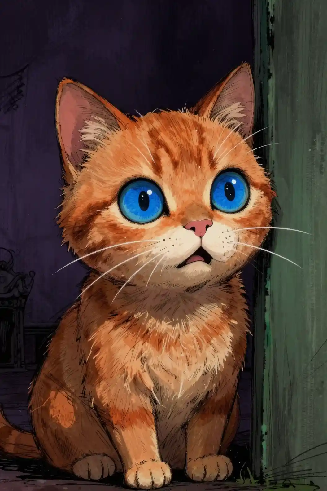 Paranoid orange tabby cat with huge blue eyes close up