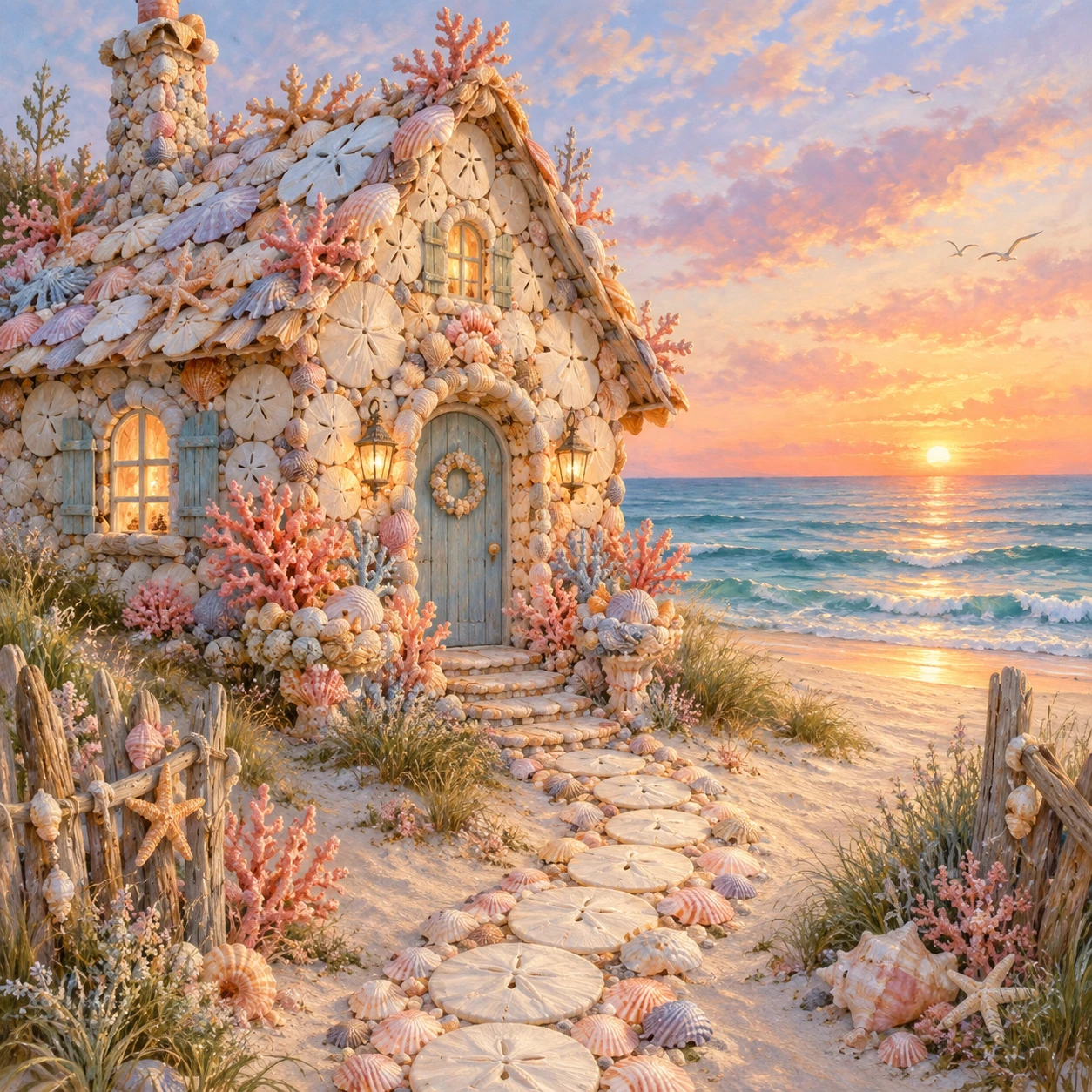 Whimsical seashell cottage by the ocean at sunset