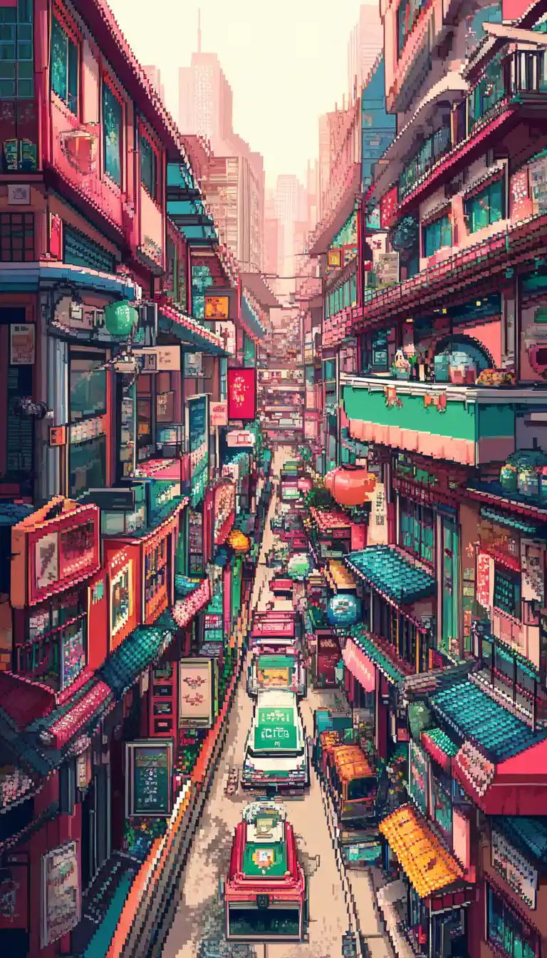 Süßes Anime-Mädchen an einem Brunnen in futuristischer Pixelstadt