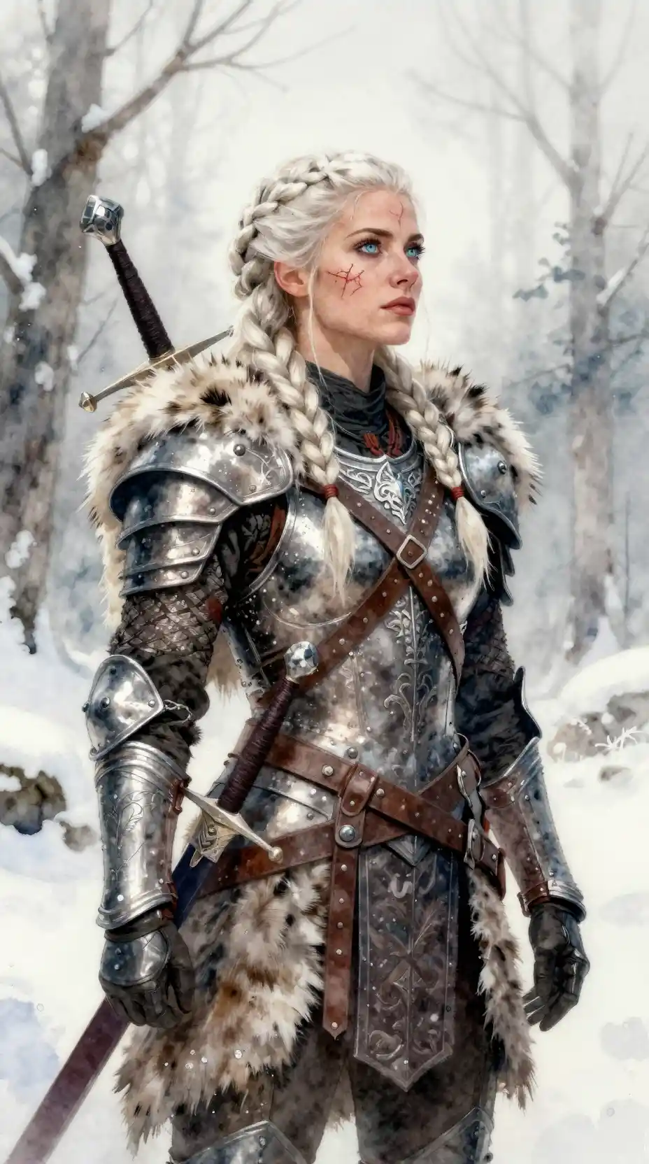 Scarred viking warrior woman in a quiet snowy forest