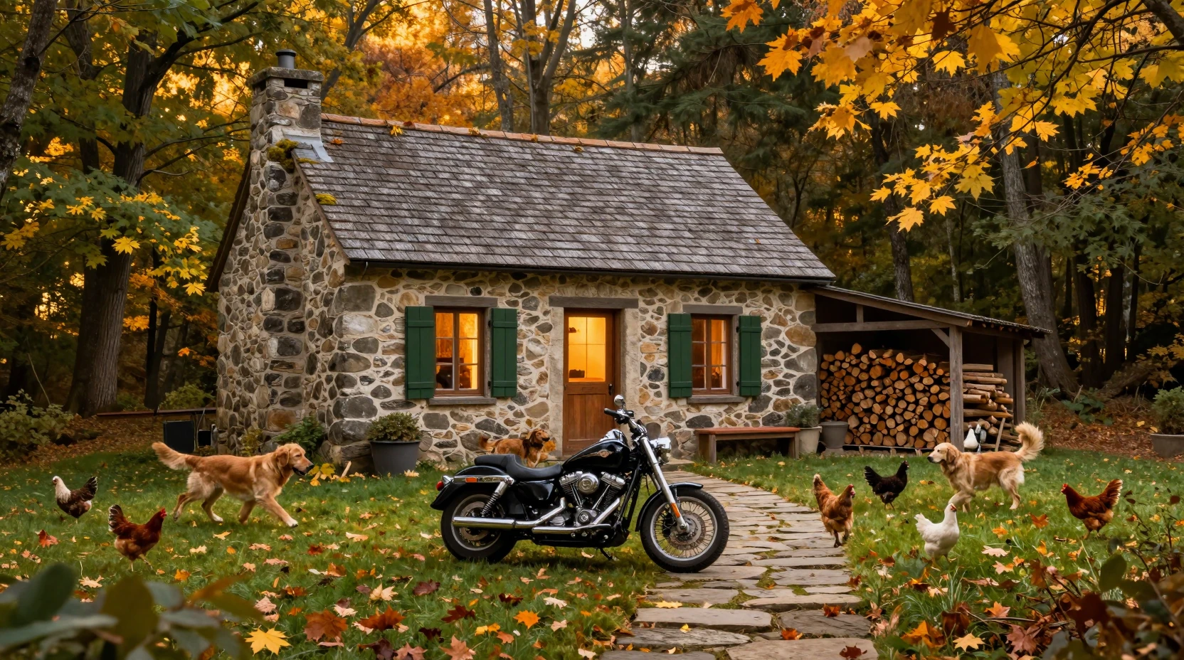 Rustic stone cottage in autumn forest with motorcycle