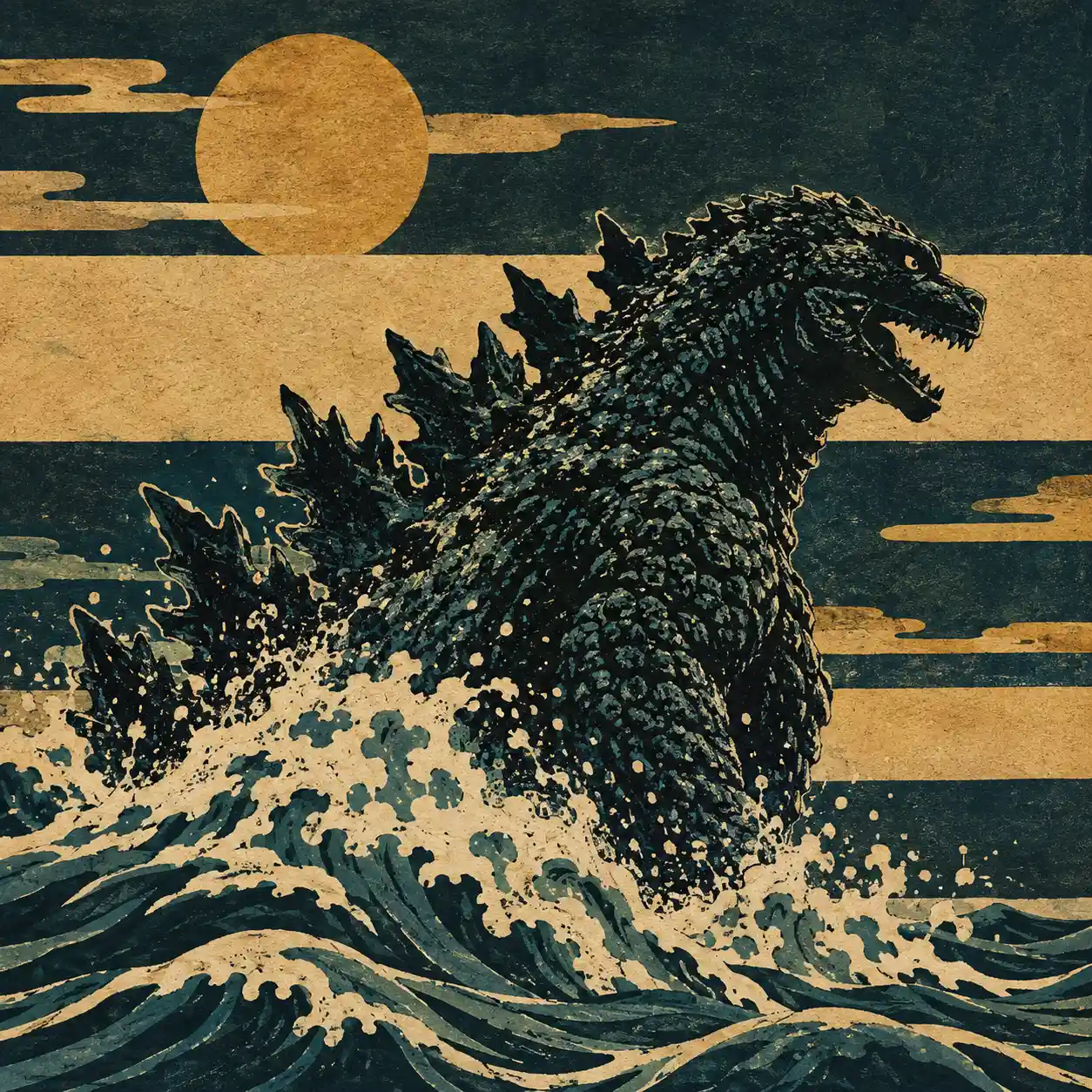 Godzilla rising from the ocean in bold woodcut profile