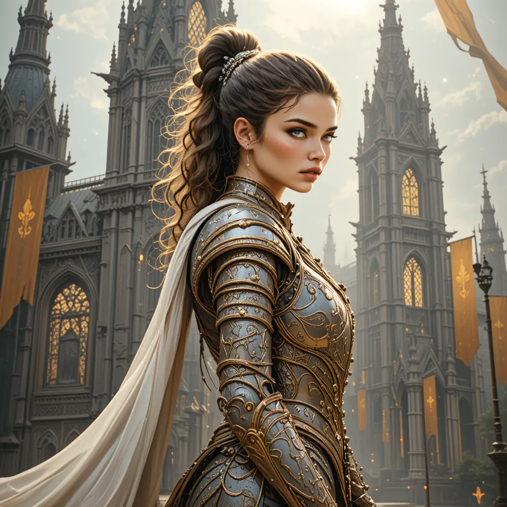 Armored young woman before a towering gothic cathedral