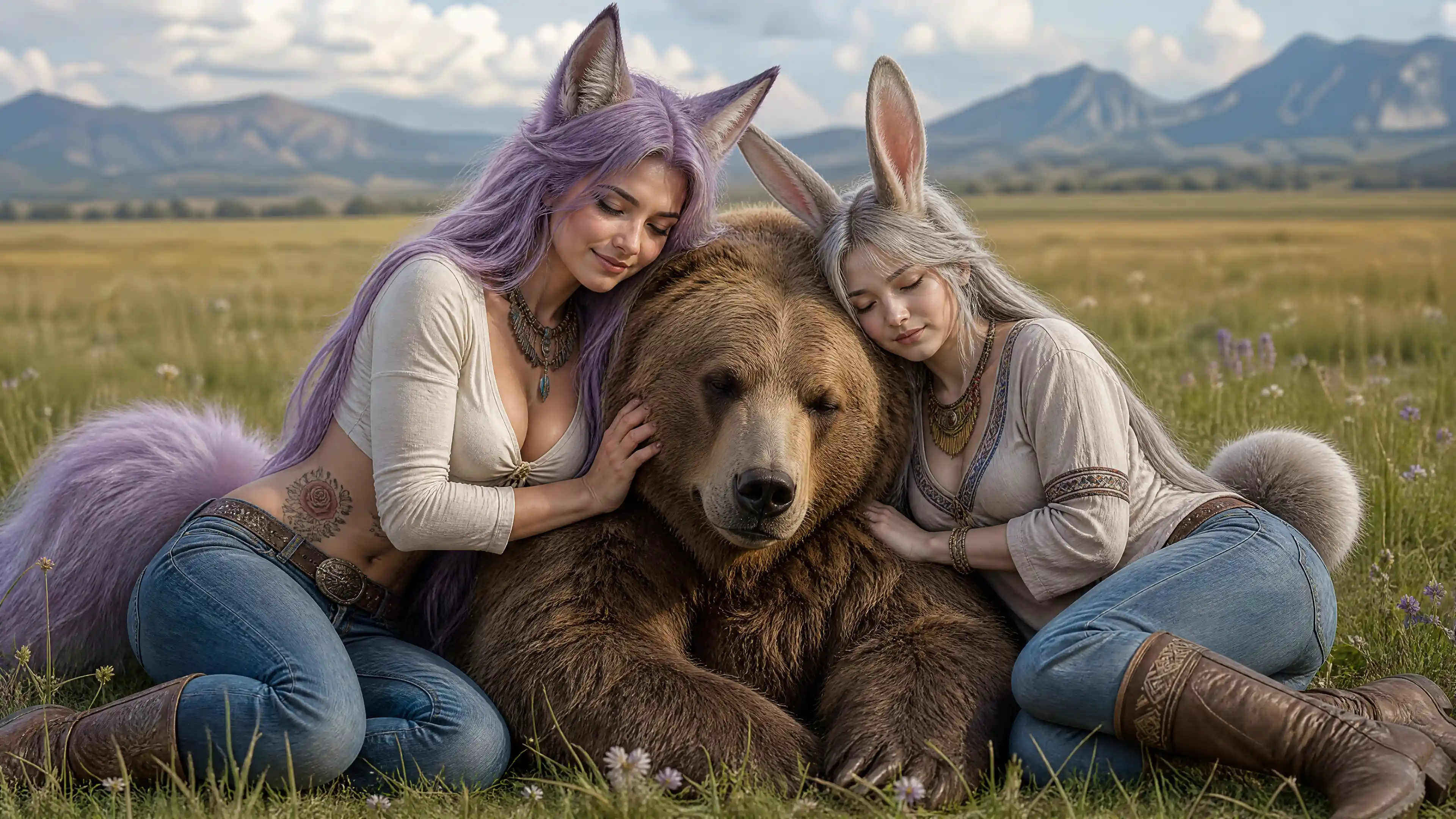Two hybrid women cuddling a bear on open grassland
