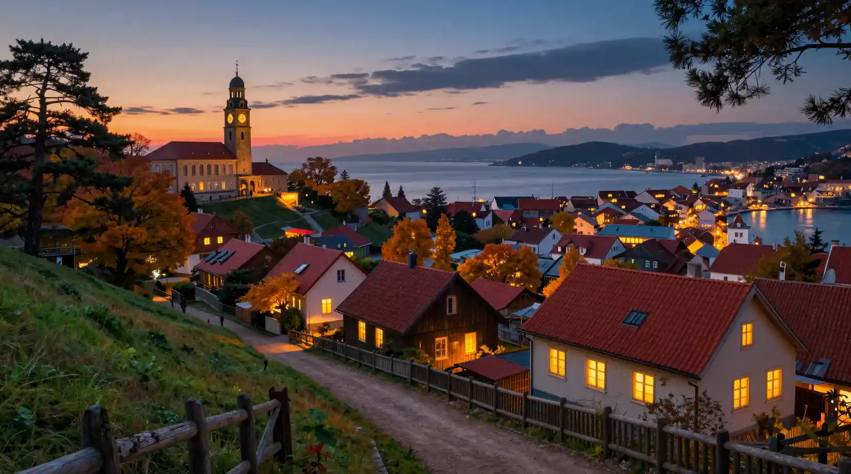 Twilight view over a European coastal town by the sea