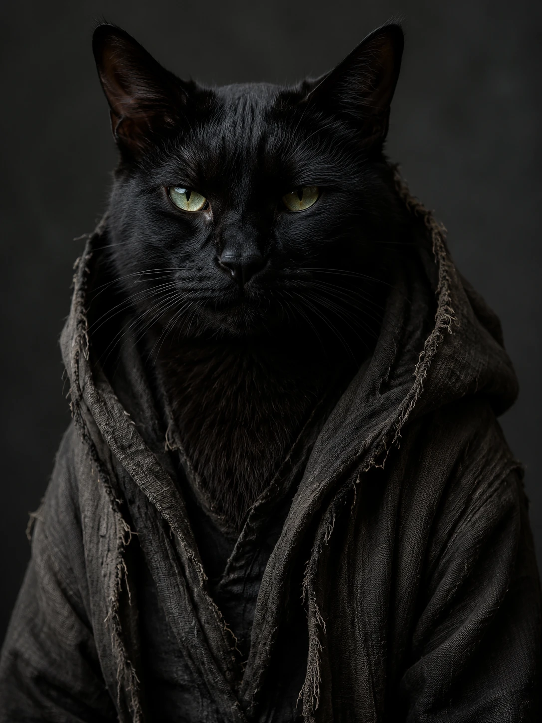 Cinematic portrait of a black cat in a linen hoodie