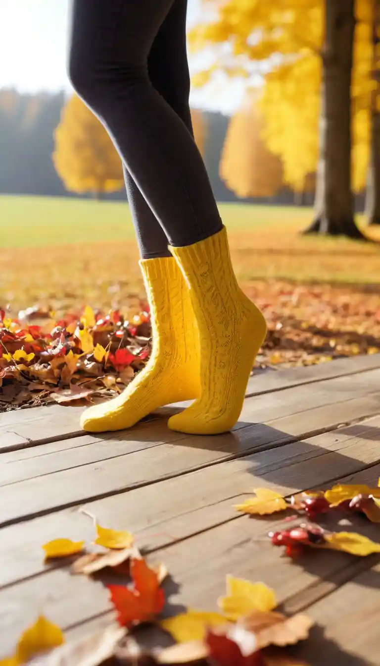 Close up of yellow autumn socks on tiptoe feet