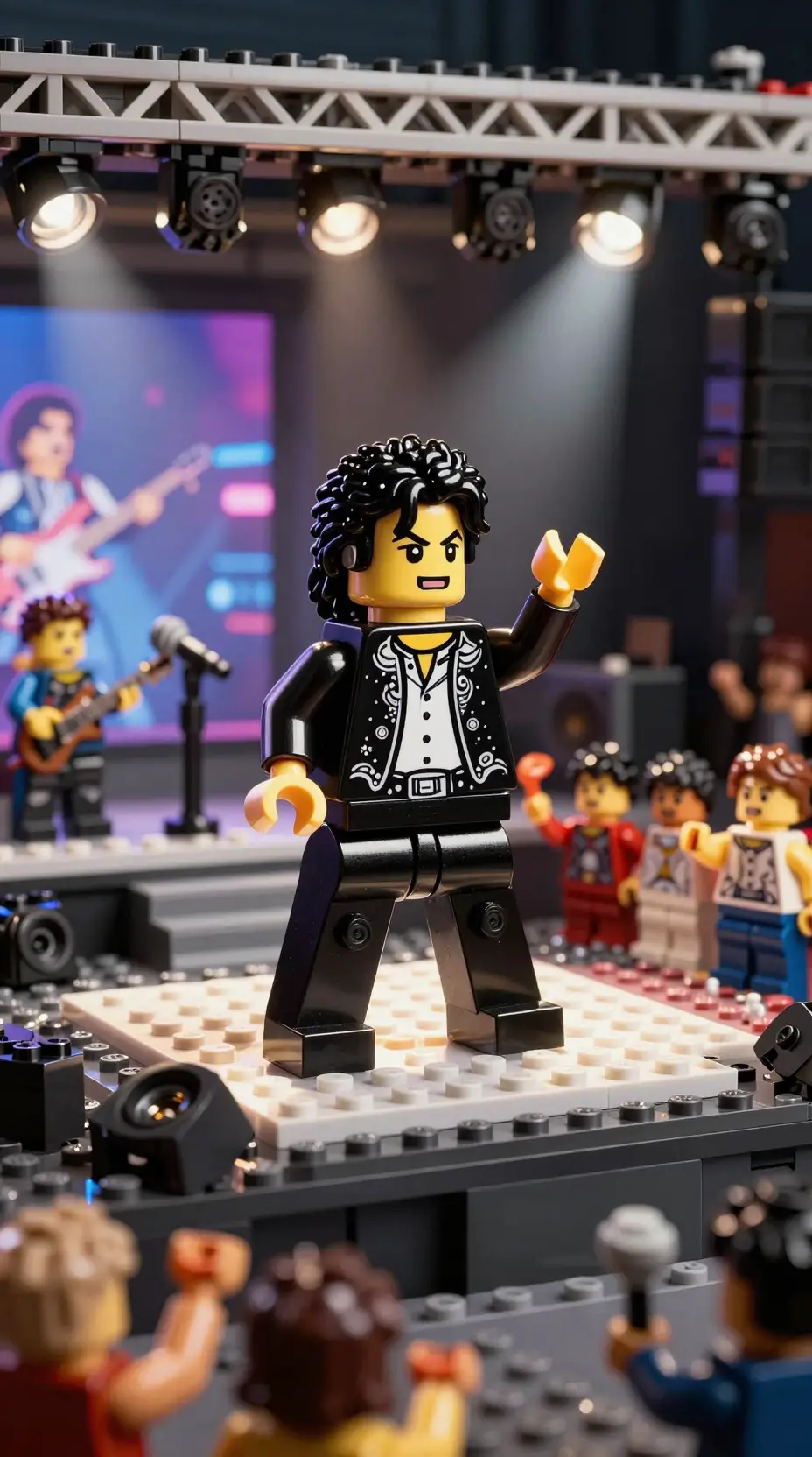 Minifigurine Lego de pop star dansant sur scène de concert