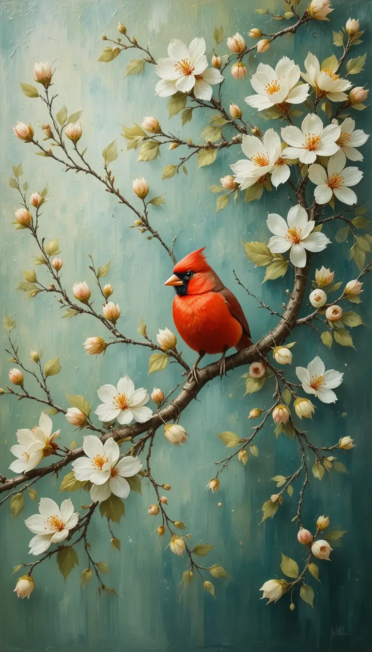 Red bird perched on a blooming spring tree branch