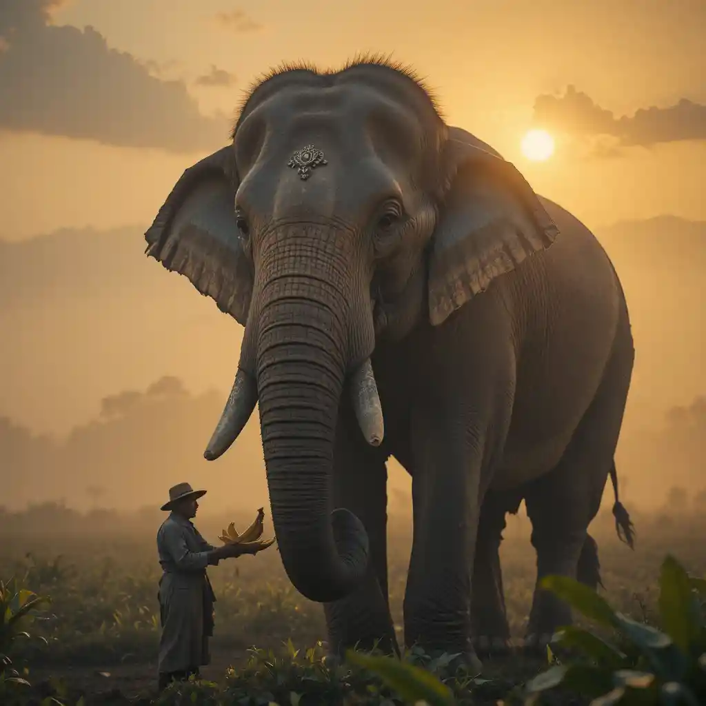 Elderly farmer feeding an Asian elephant at misty sunrise