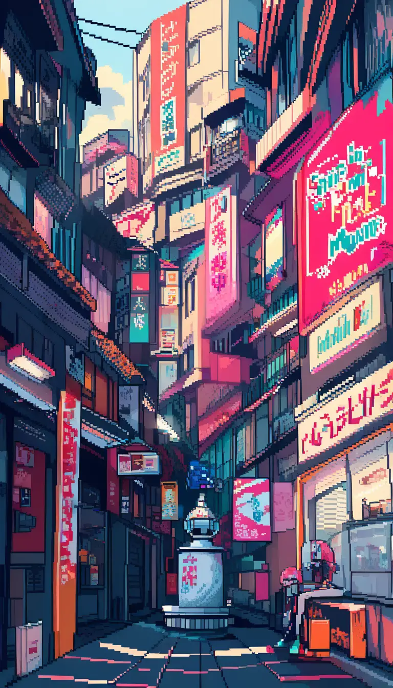 Cute pixel art anime girl by a futuristic city fountain