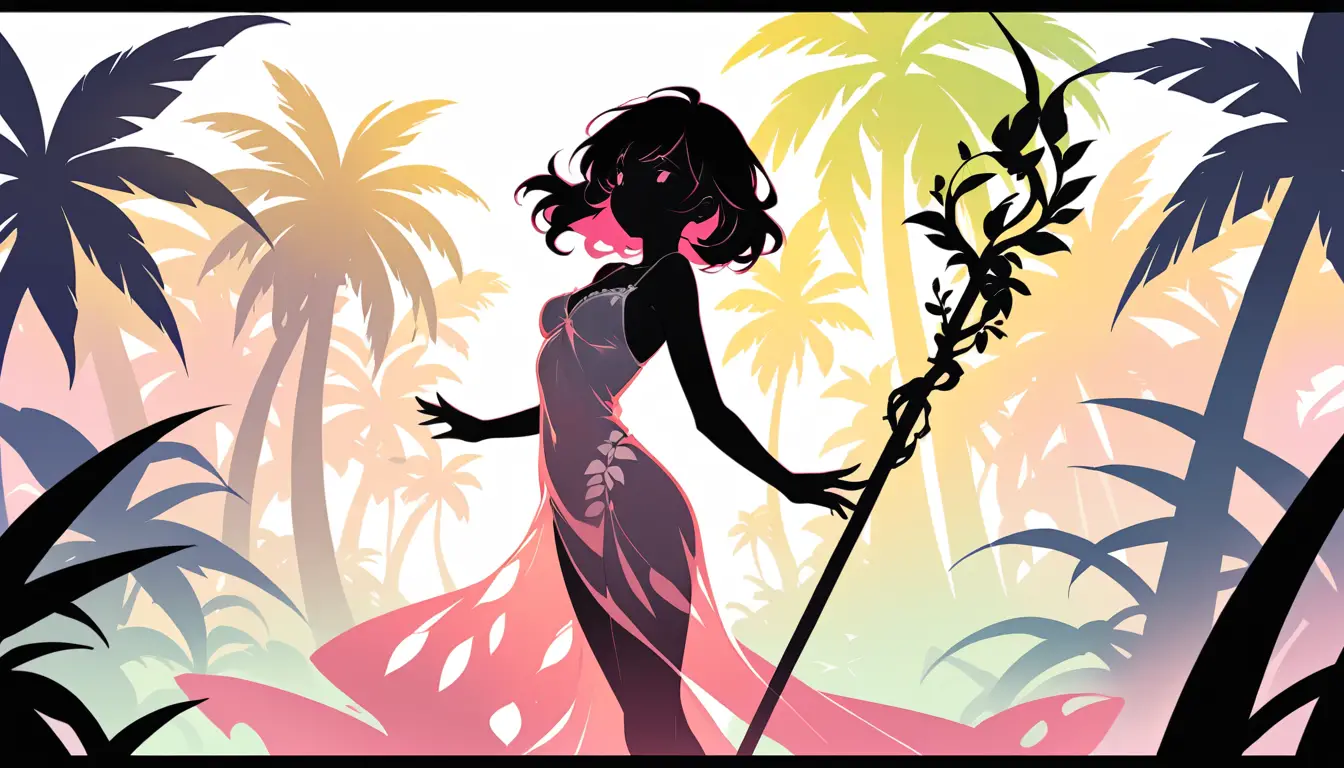 Pink haired woman in leafy gown in lush tropical oasis