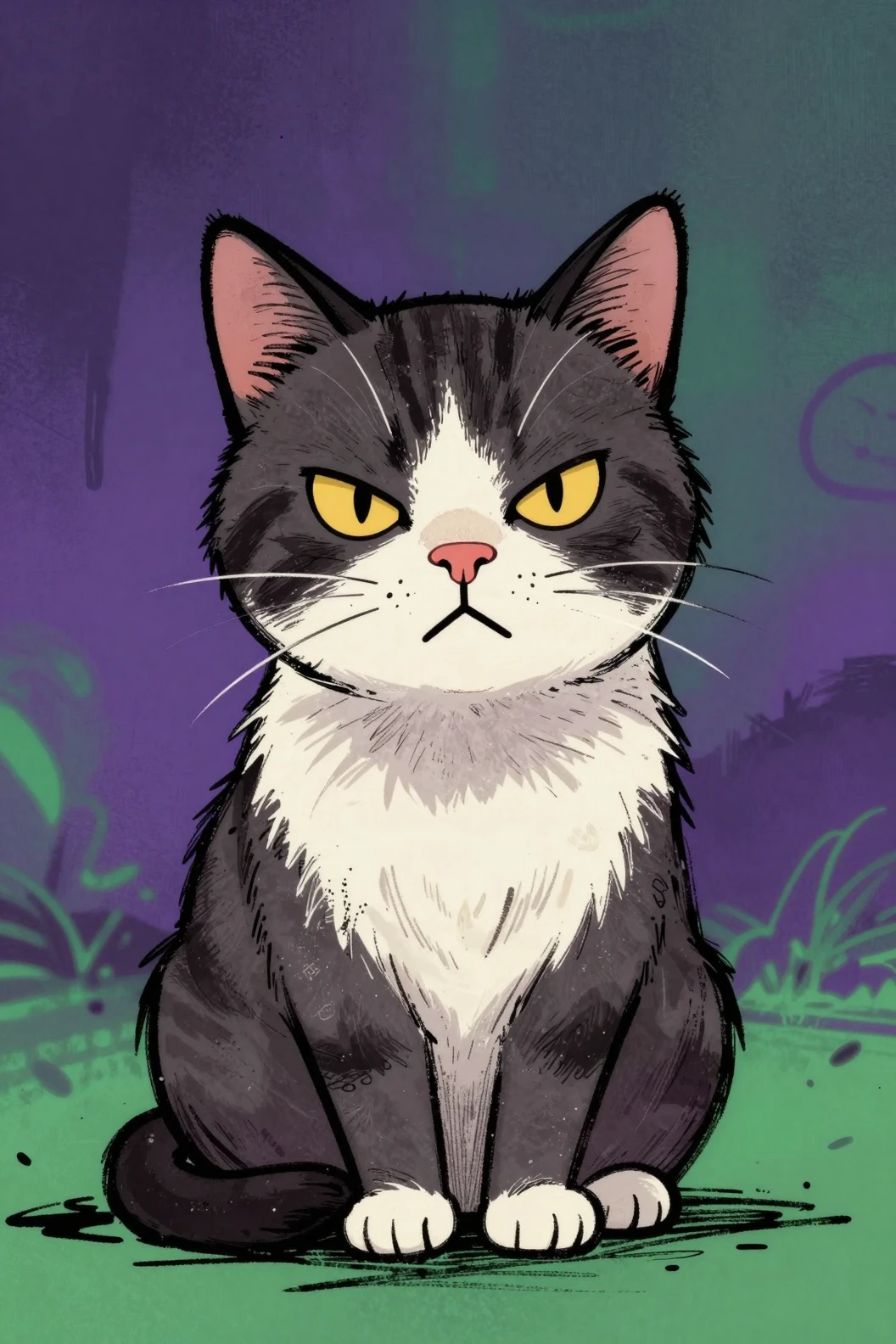 Pop-Art-Katzenillustration mit kräftigen Linien und Graffiti-Hintergrund