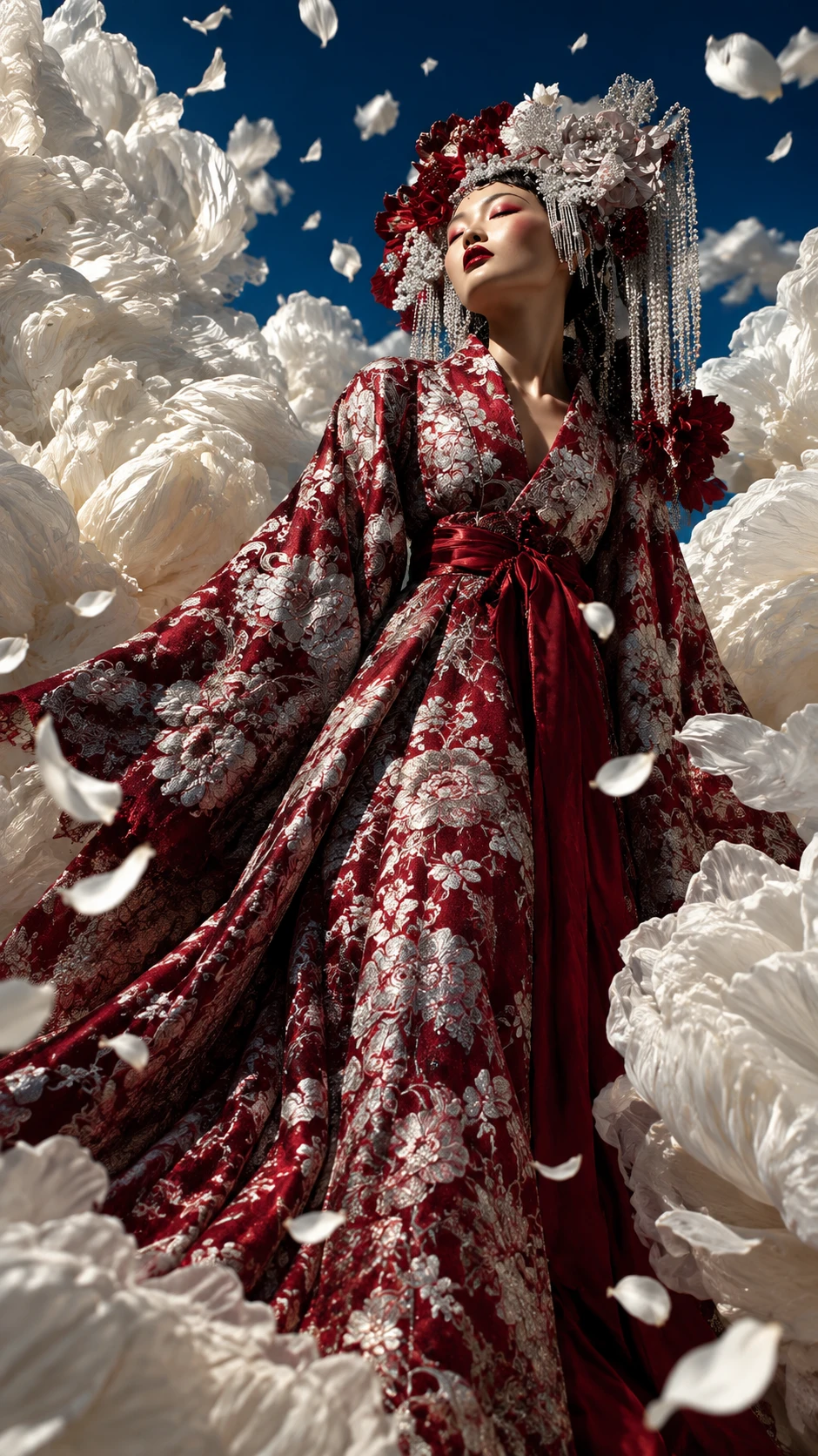 Woman in red kimono surrounded by featherlike clouds