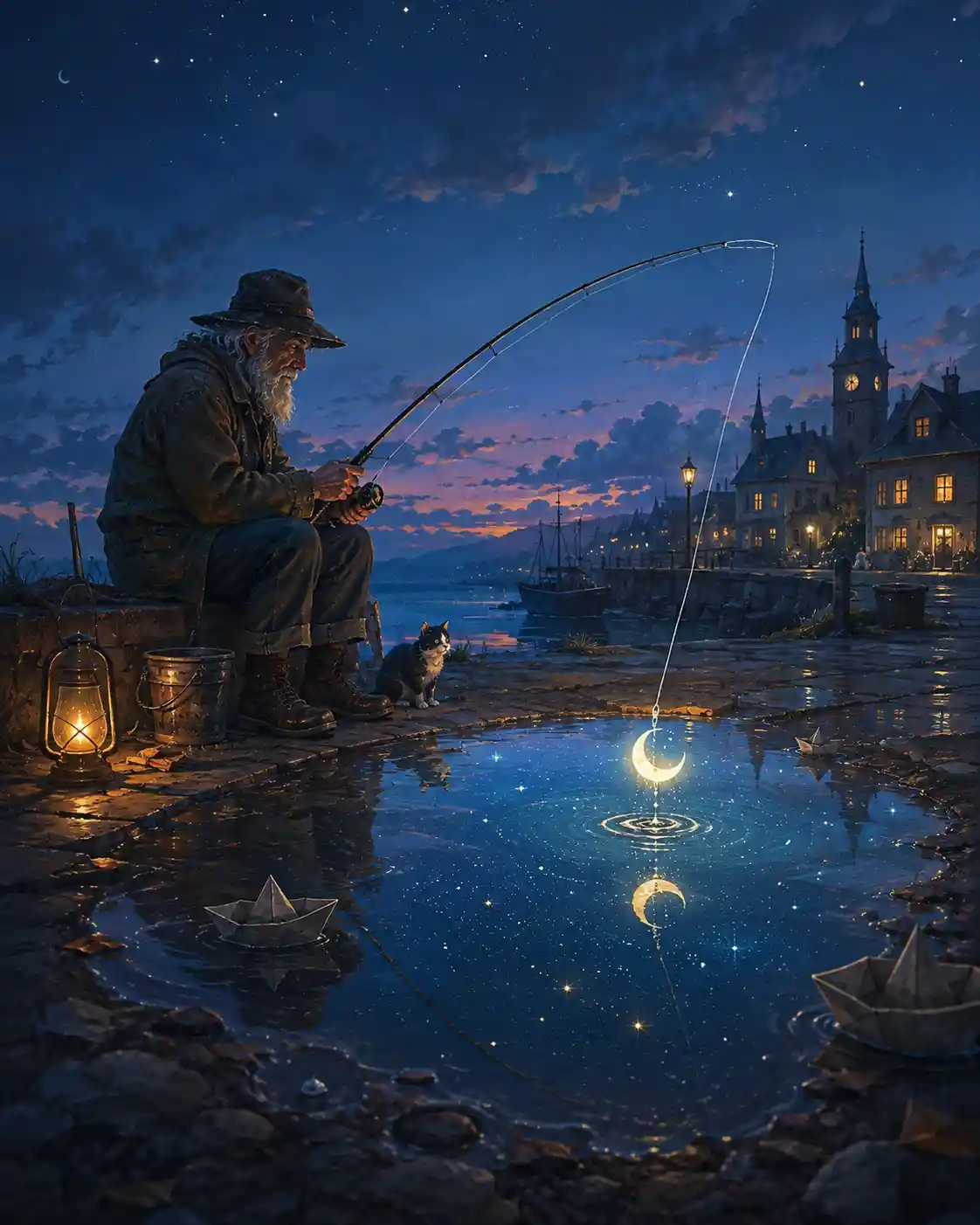Old fisherman catching a tiny glowing moon in a puddle