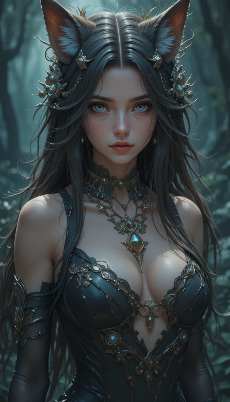 Donna fantasy in stile anime con retaggio da licantropo in un mondo mistico
