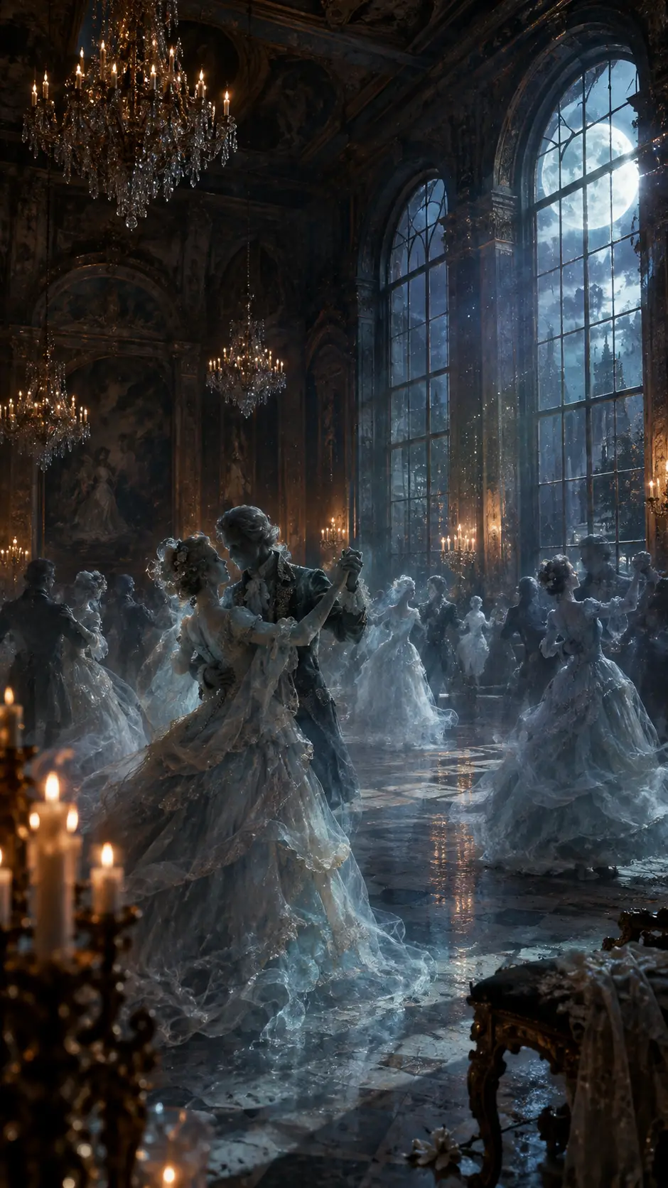 Des danseurs fantomatiques valsent dans une salle de bal abandonnée au clair de lune