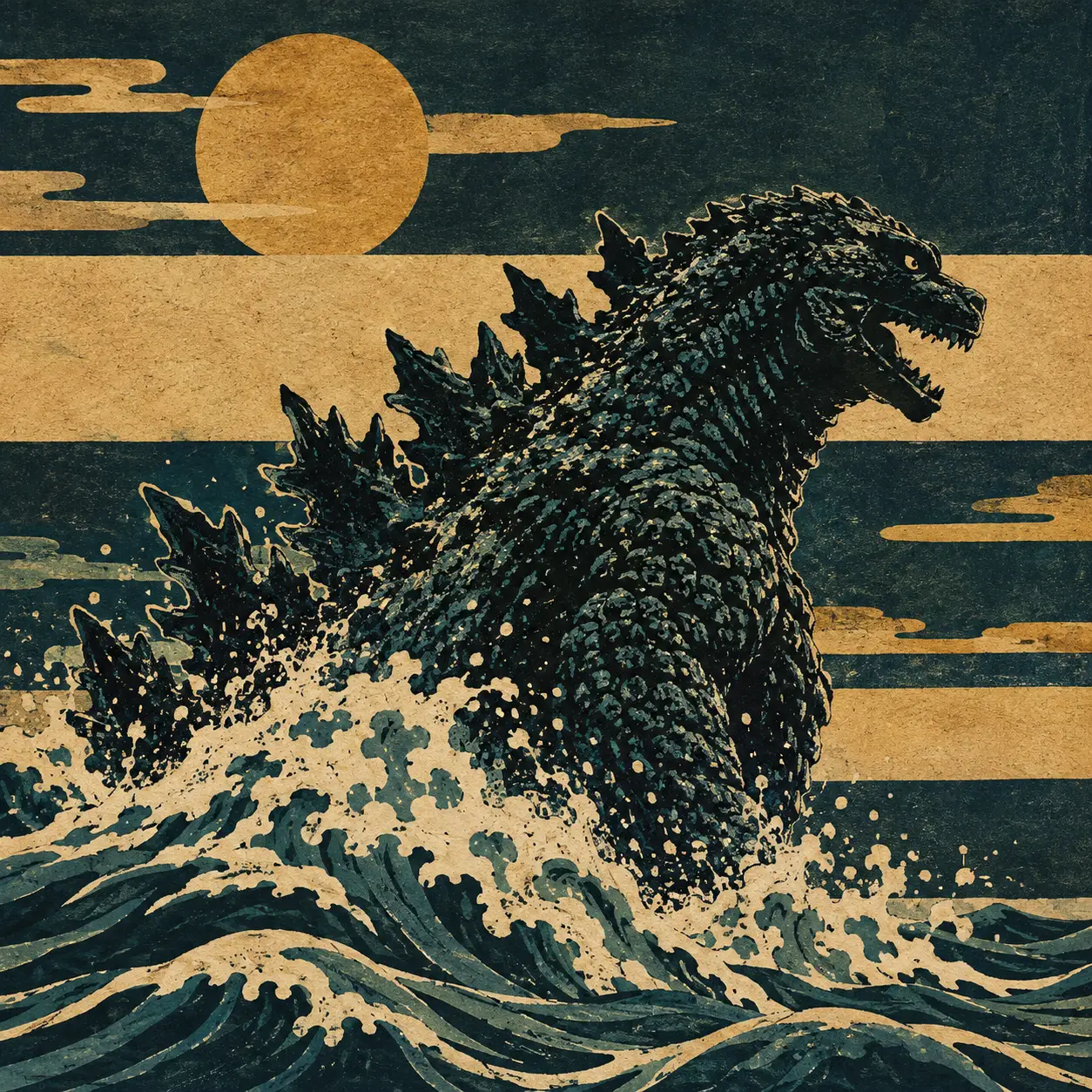 Godzilla rising from the ocean in bold woodcut profile