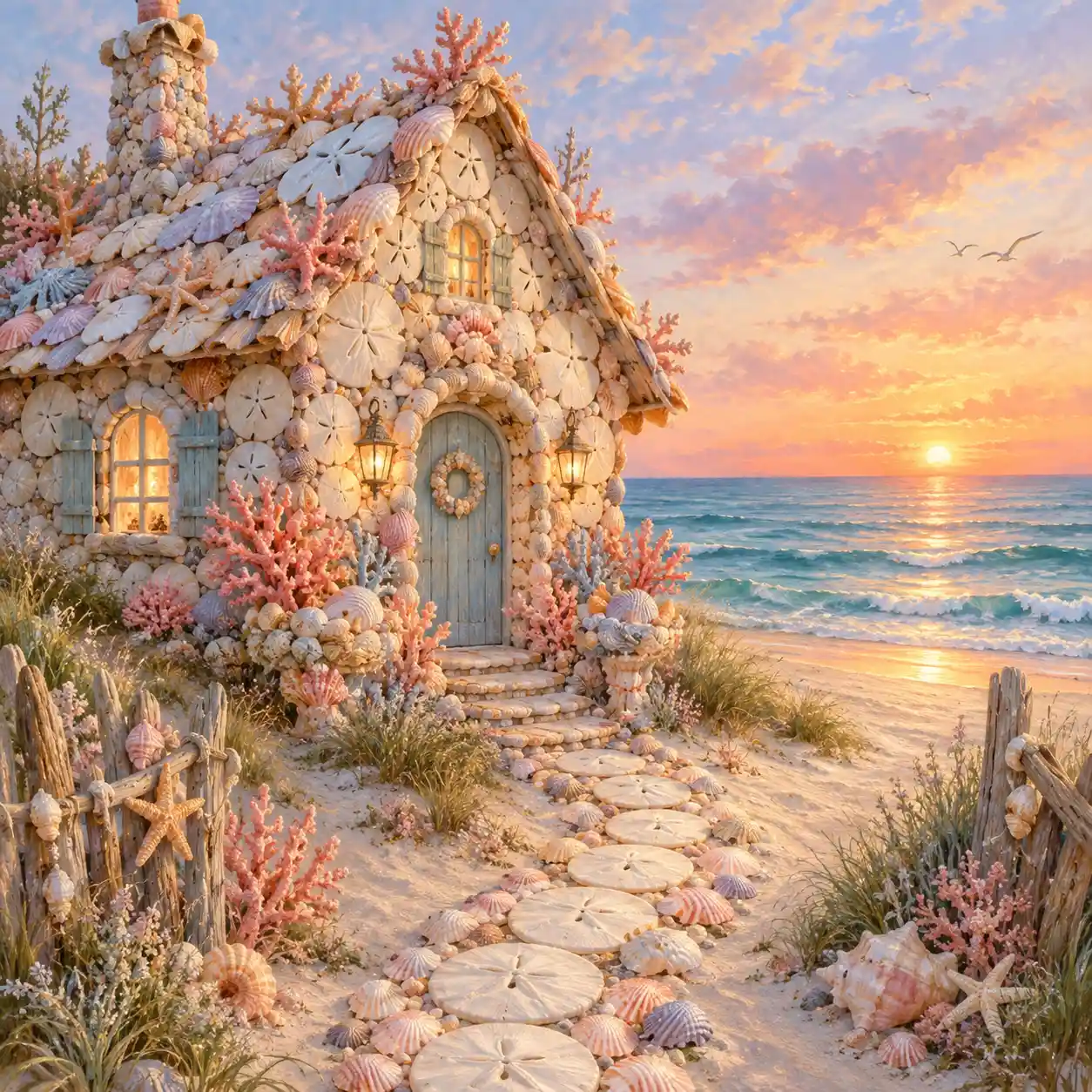 Whimsical seashell cottage by the ocean at sunset