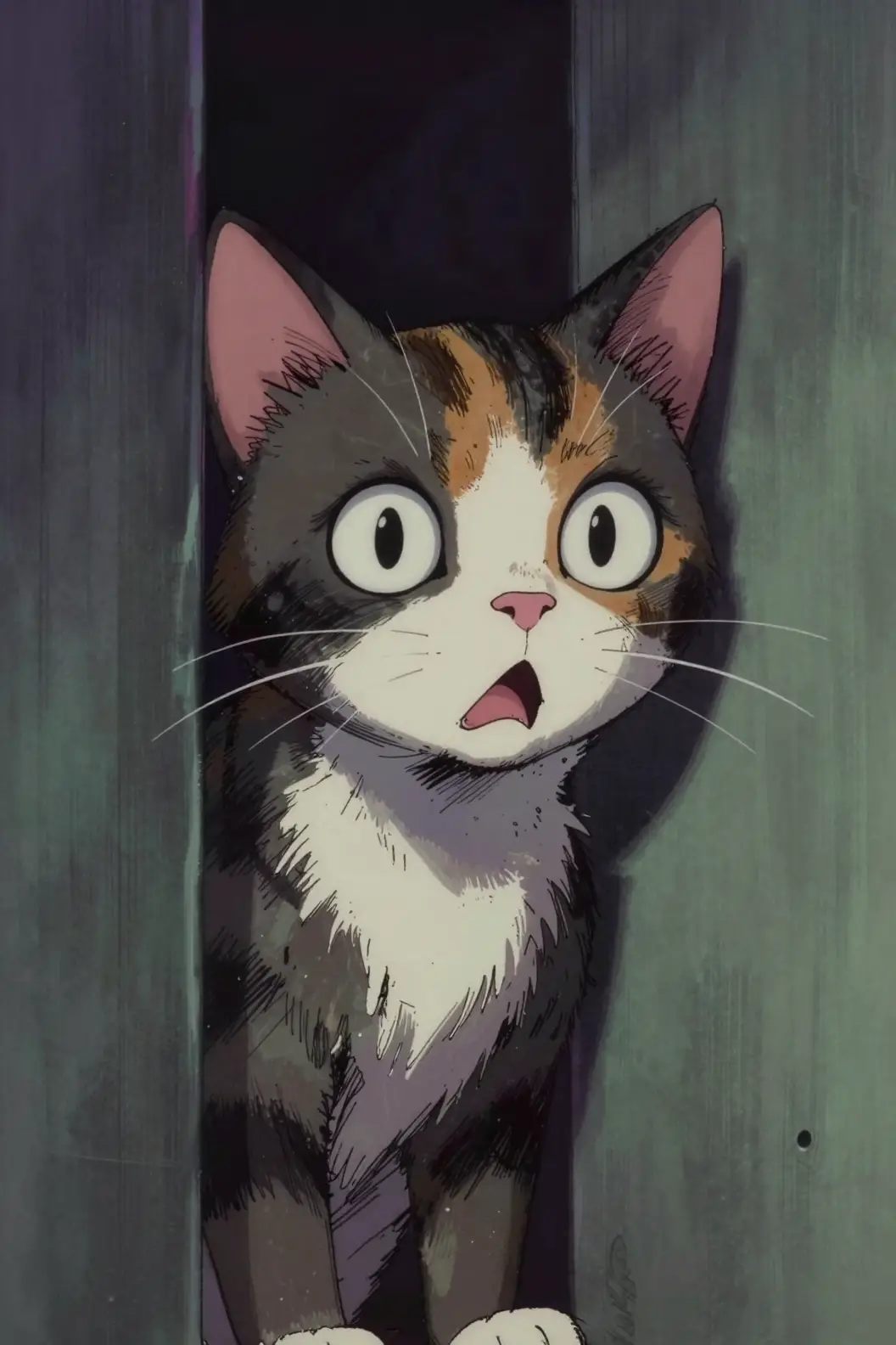 Paranoid calico tabby cat close up with fearful wide eyes