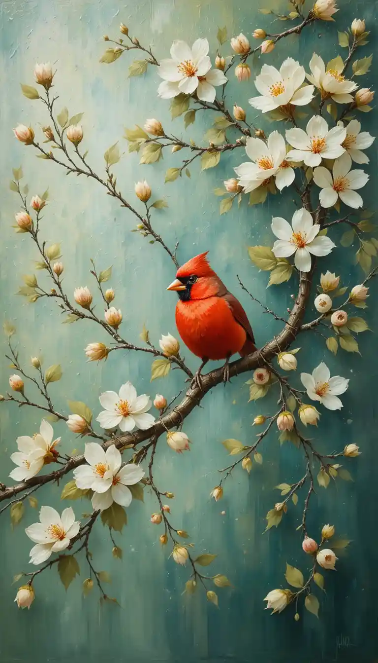 Pájaro rojo posado en la rama florecida de un árbol de primavera