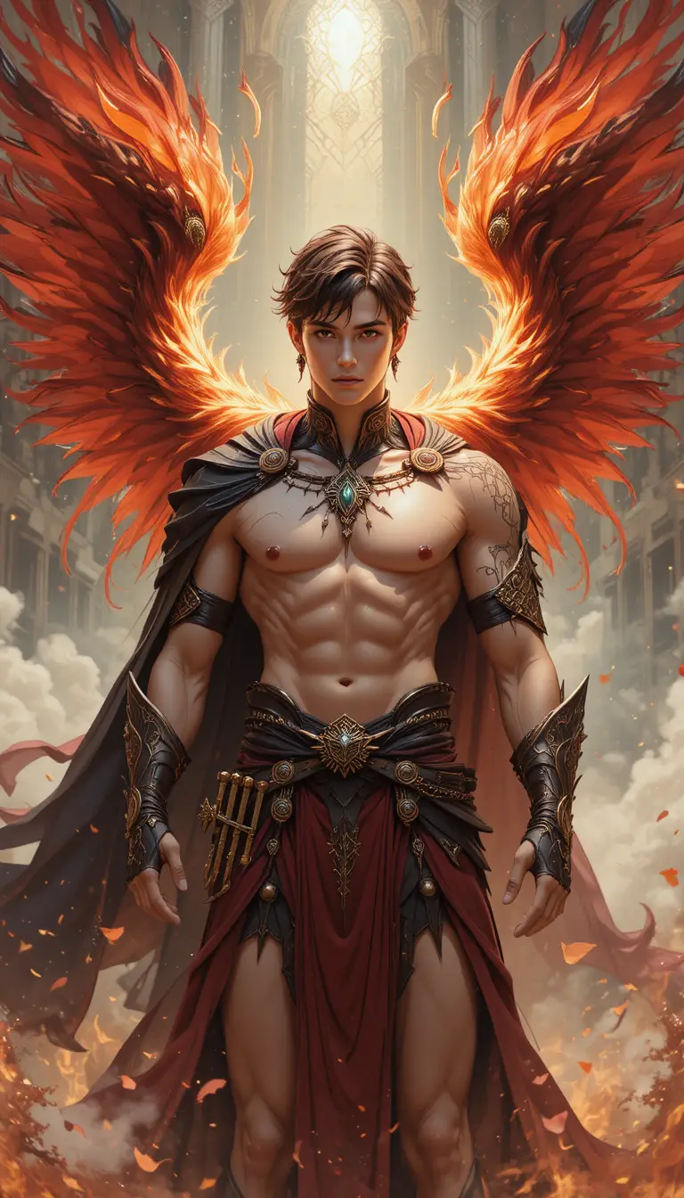 Fire phoenix warrior man with flaming wings in anime style