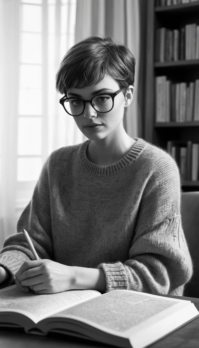 Jeune femme lisant dans un intérieur cosy, portrait au crayon
