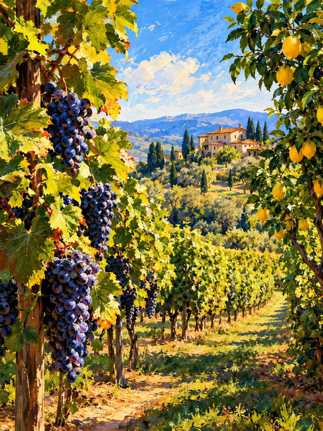 Colorful impressionist view of a lush vineyard orchard