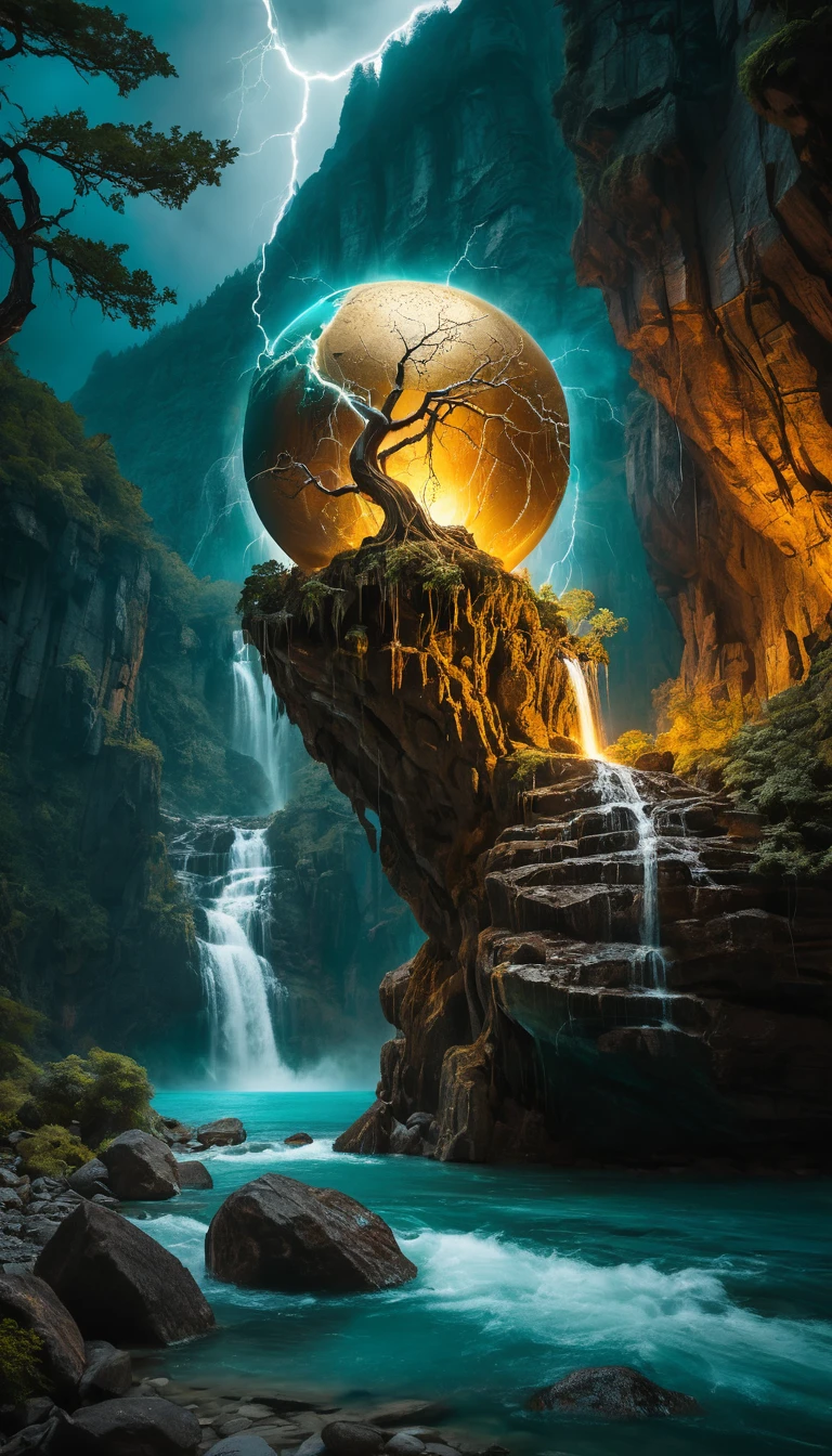 Ancient glowing tree suspended above a mountain waterfall