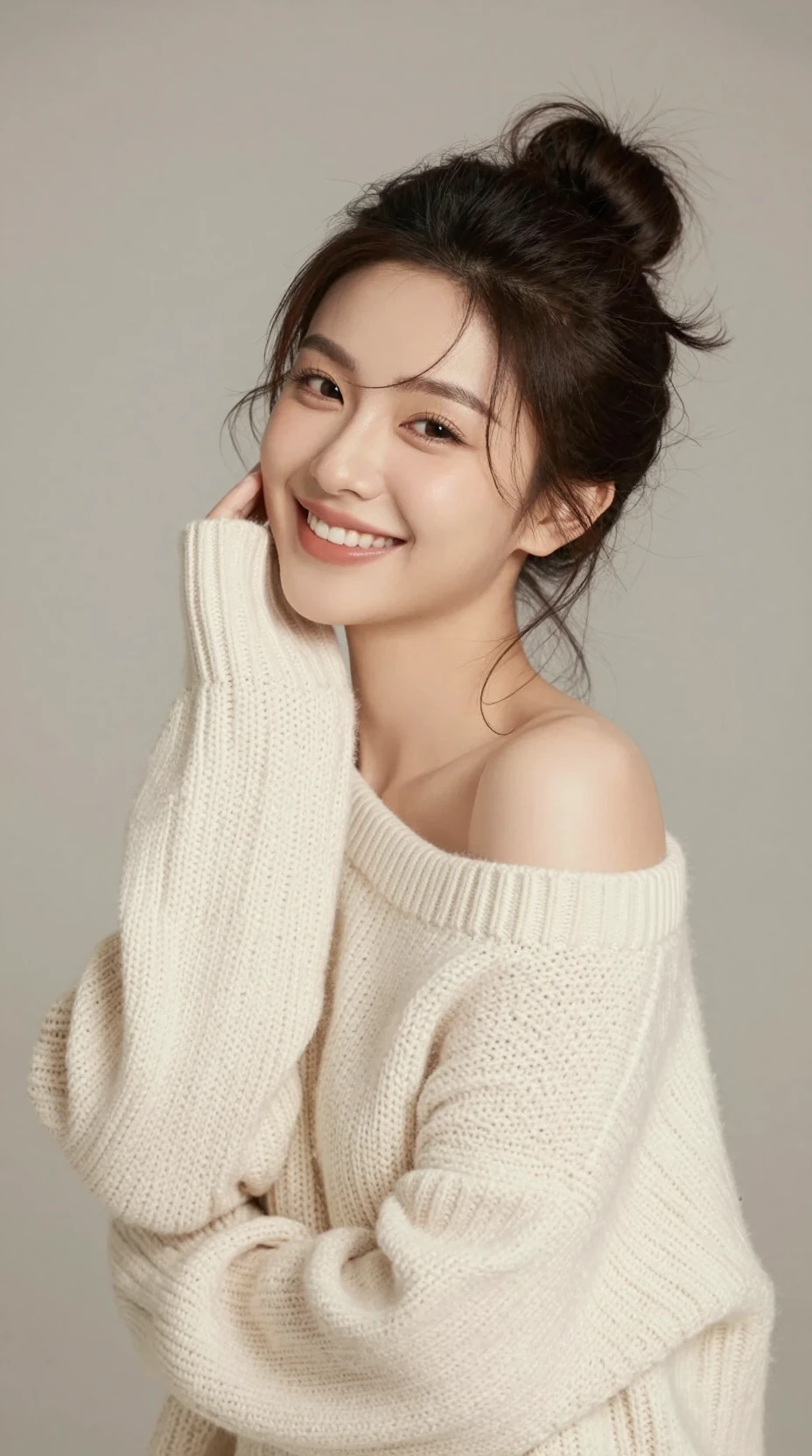 오프숄더 스웨터를 입은 여성의 즐거운 초상