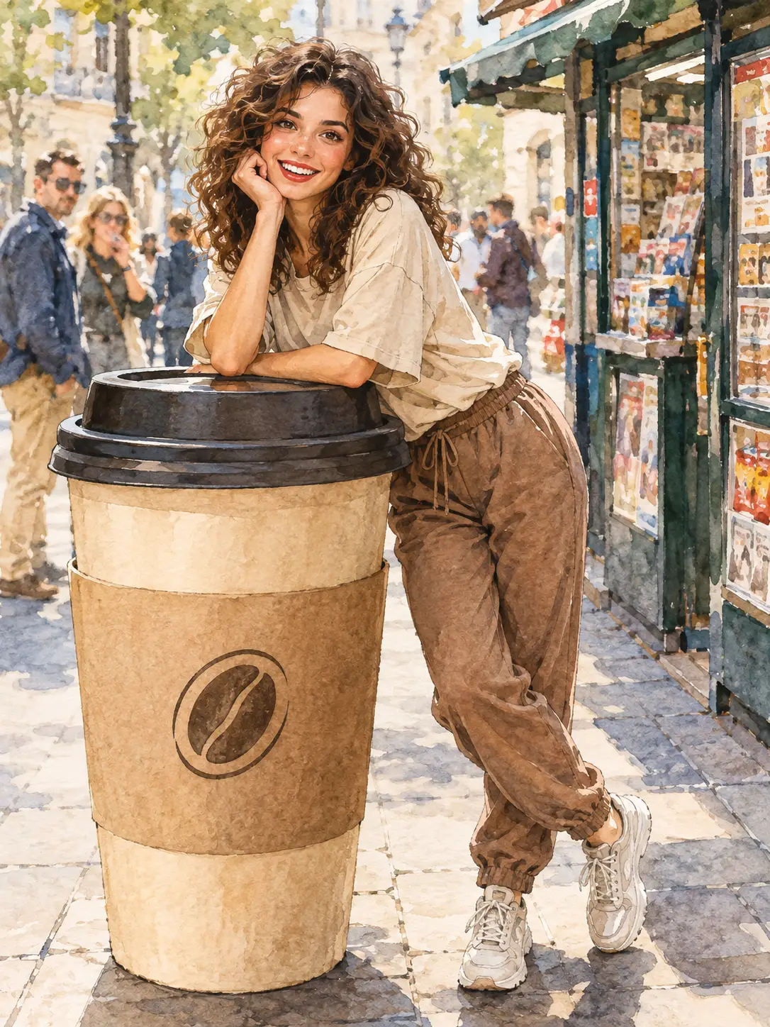 Watercolor sketch of a woman leaning on a giant coffee cup