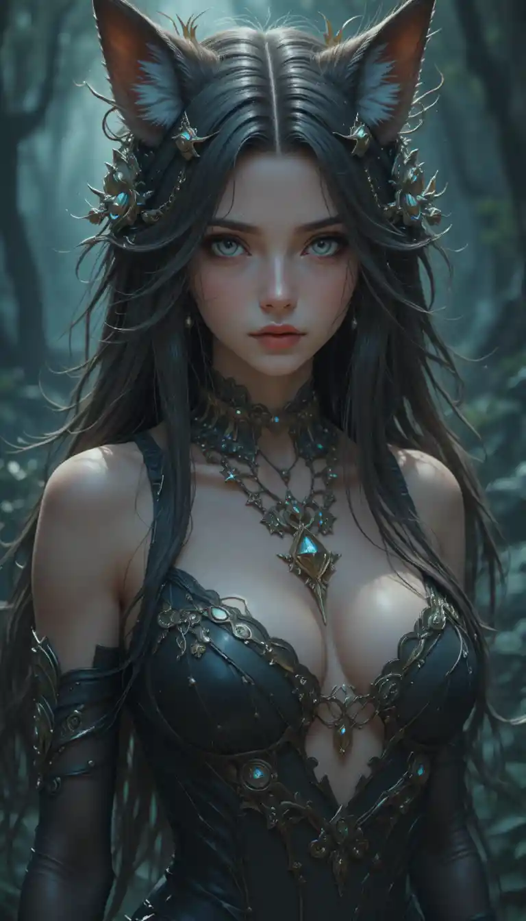 Donna fantasy in stile anime con retaggio da licantropo in un mondo mistico