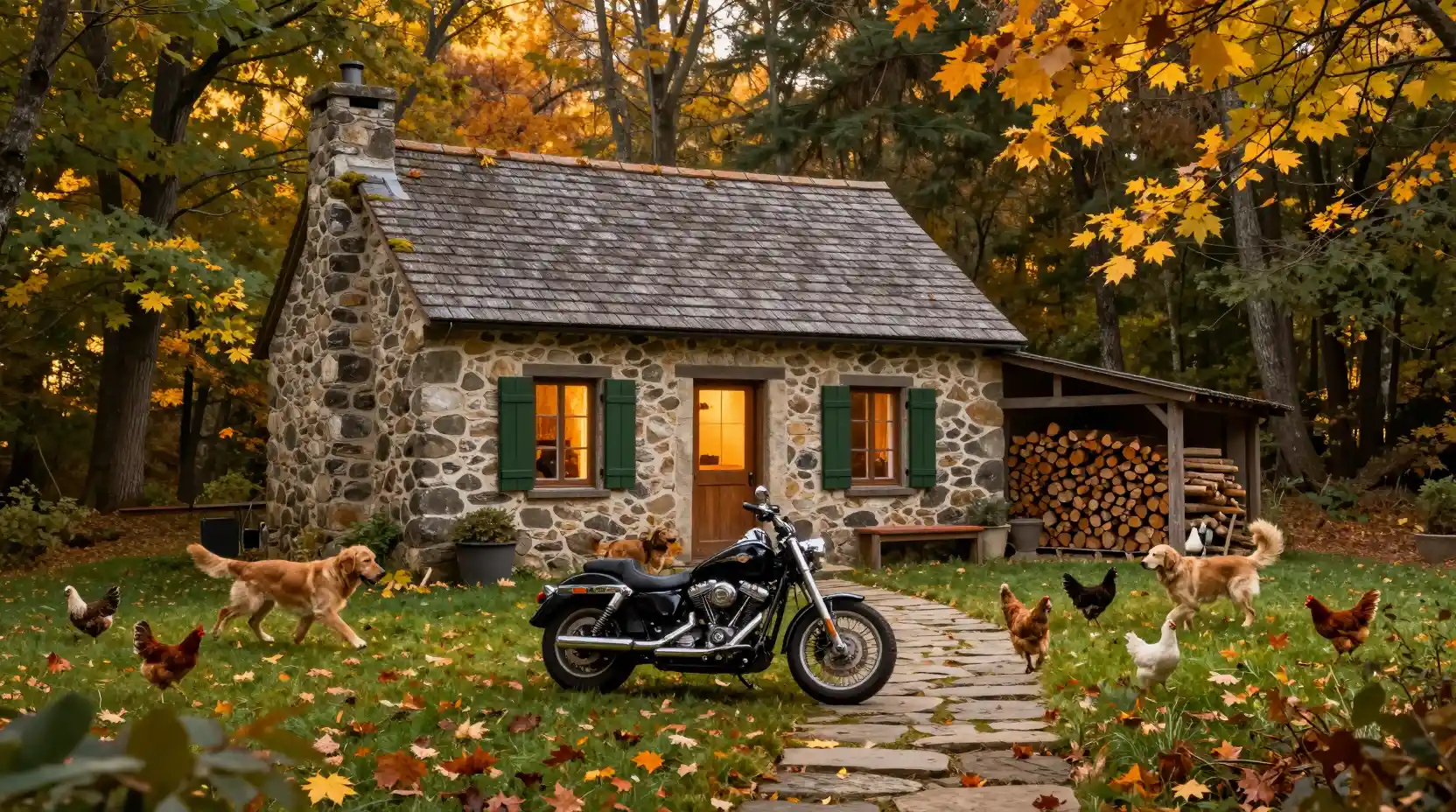Rustic stone cottage in autumn forest with motorcycle