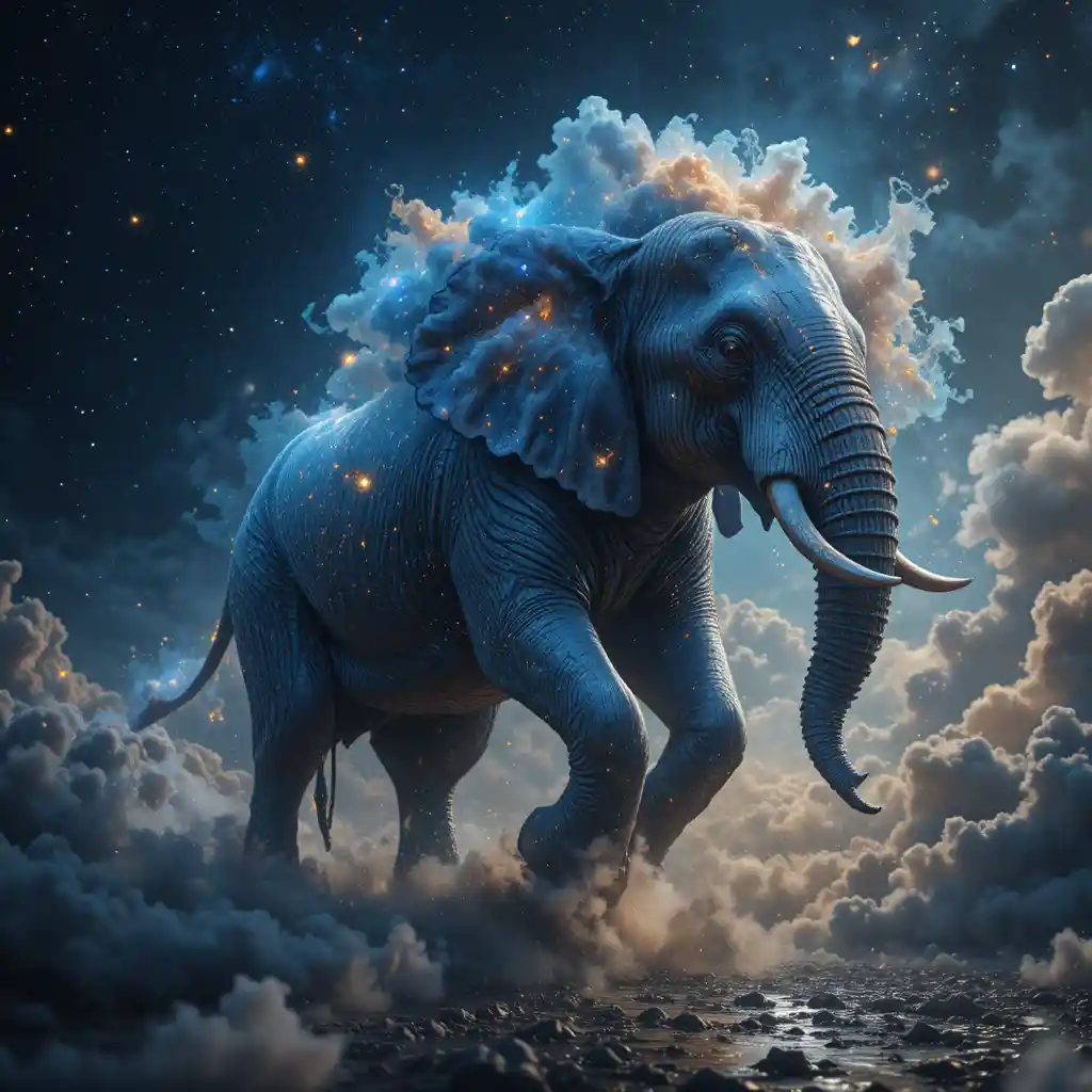 Celestial Elephant Galloping Through Golden Clouds In Space
