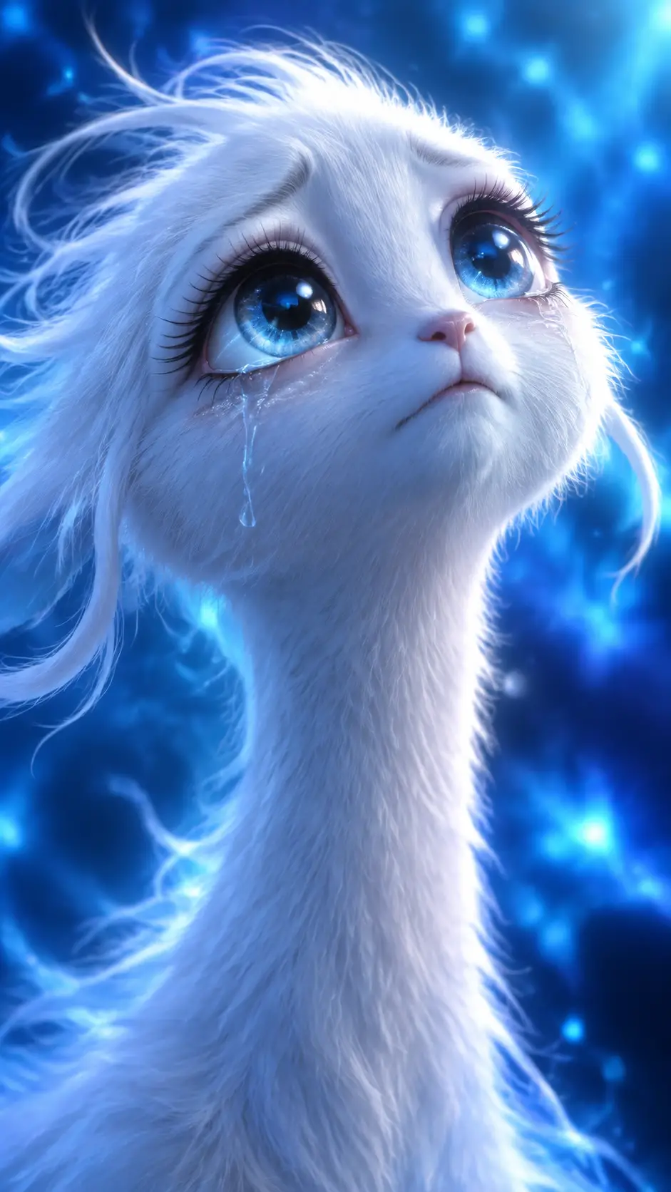 Sad white ghost creature close up with teary eyes