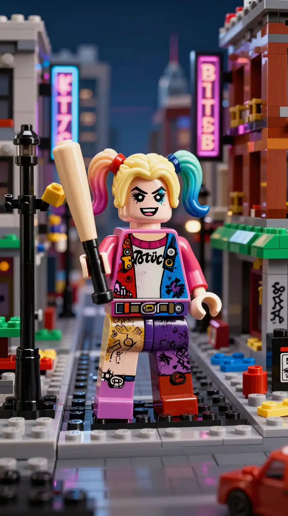 Lego Harley-Quinn-Minifigur in chaotischer Straße von Gotham