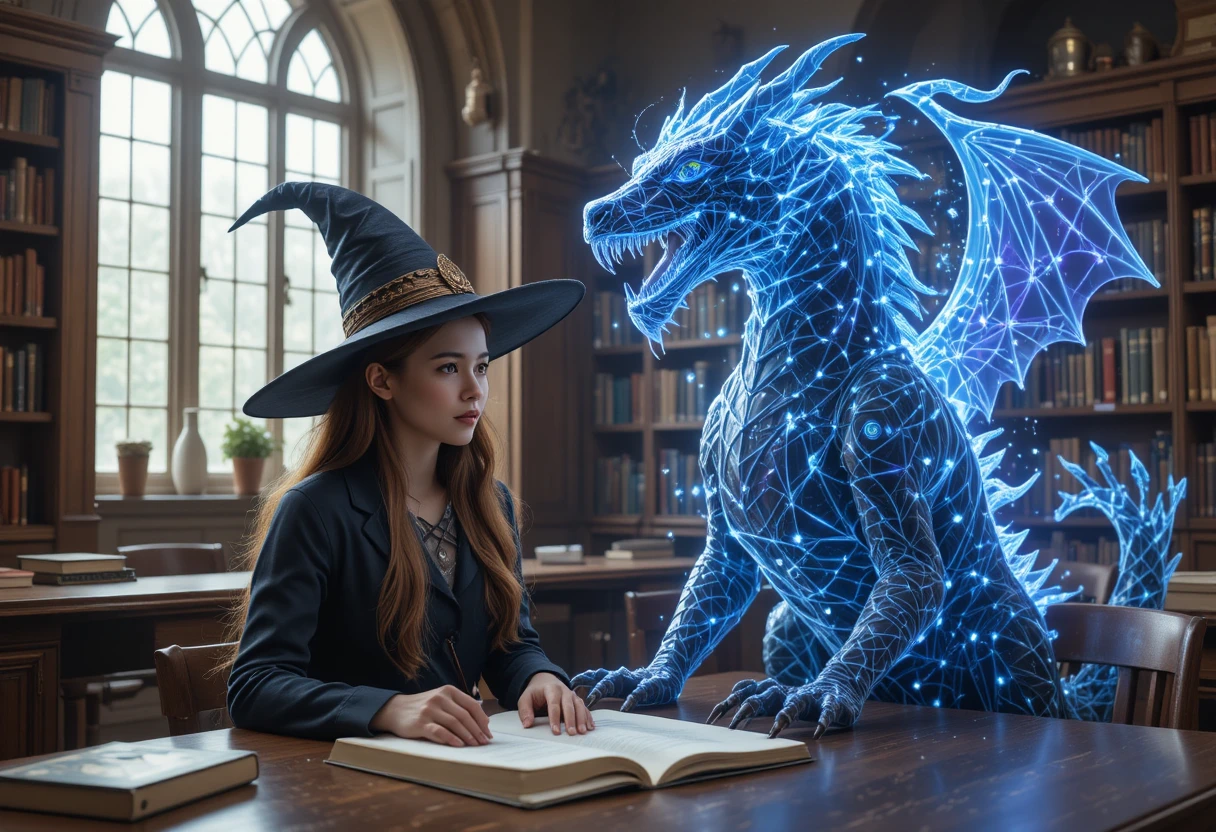 Joven bruja estudiando con mantícora holográfica en la biblioteca