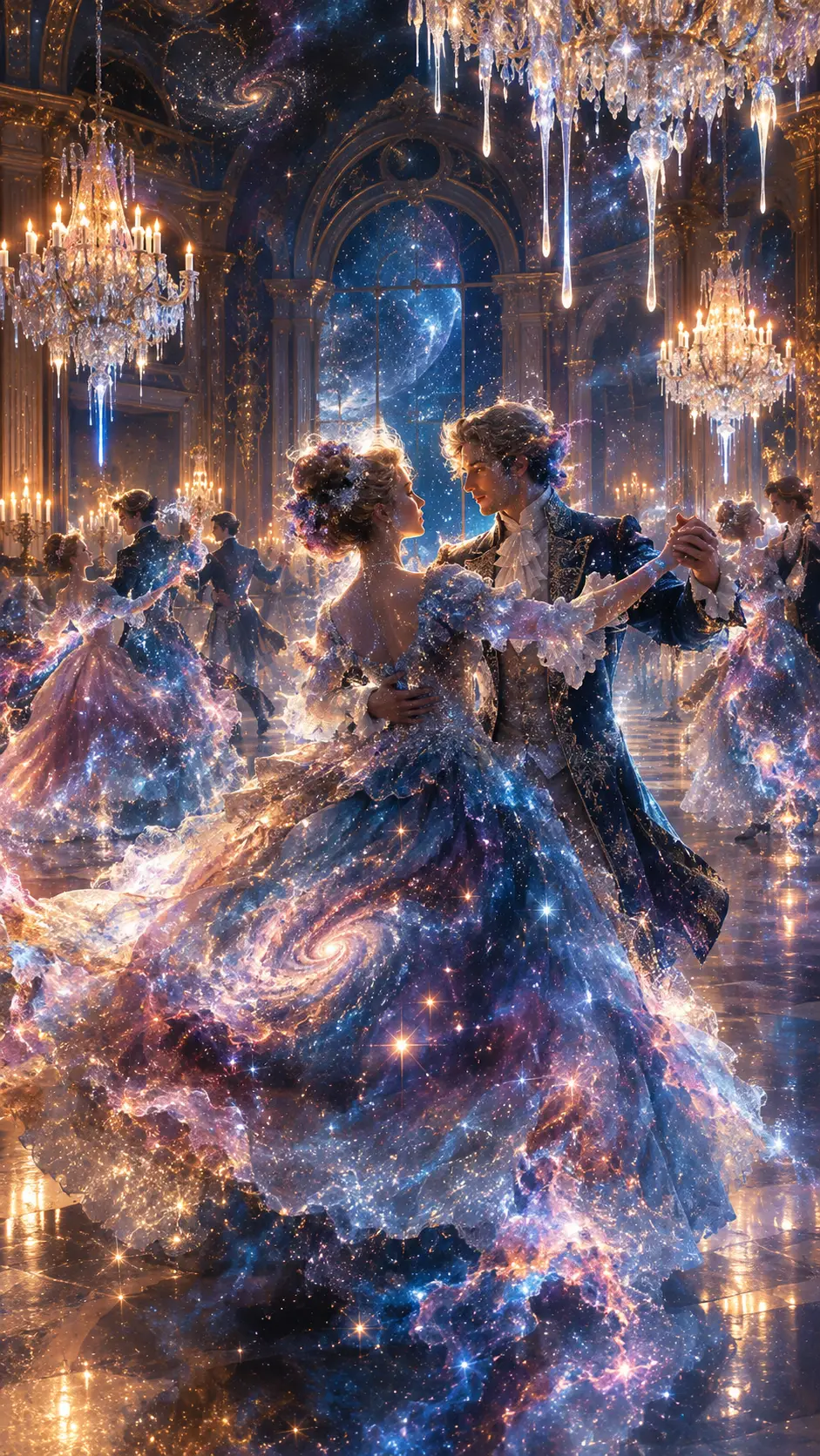 Élégants danseurs de bal se dissolvant en étoiles et en nébuleuses