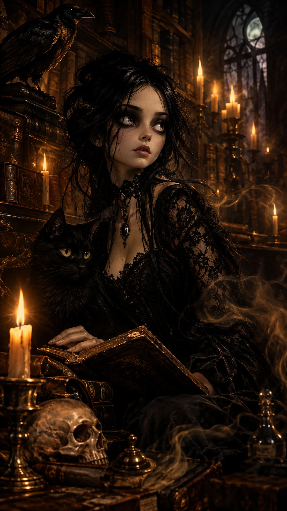 Gothic girl in a baroque candlelit library painting