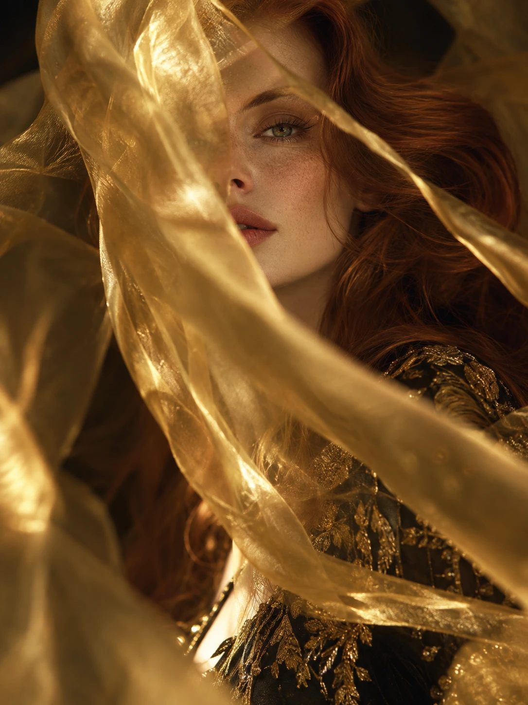 Mulher elegante atrás de tecido dourado translúcido em retrato