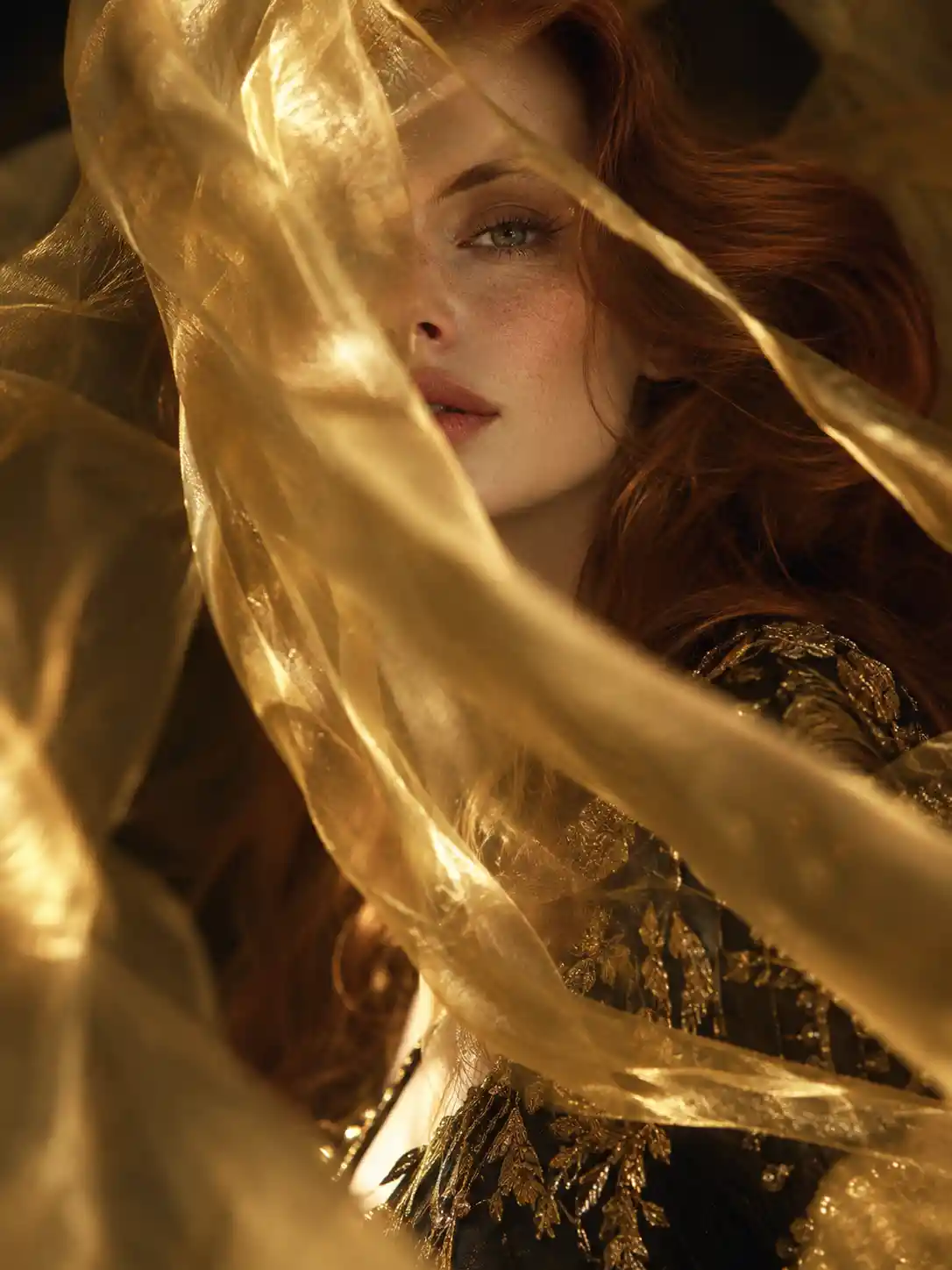 Mulher elegante atrás de tecido dourado translúcido em retrato