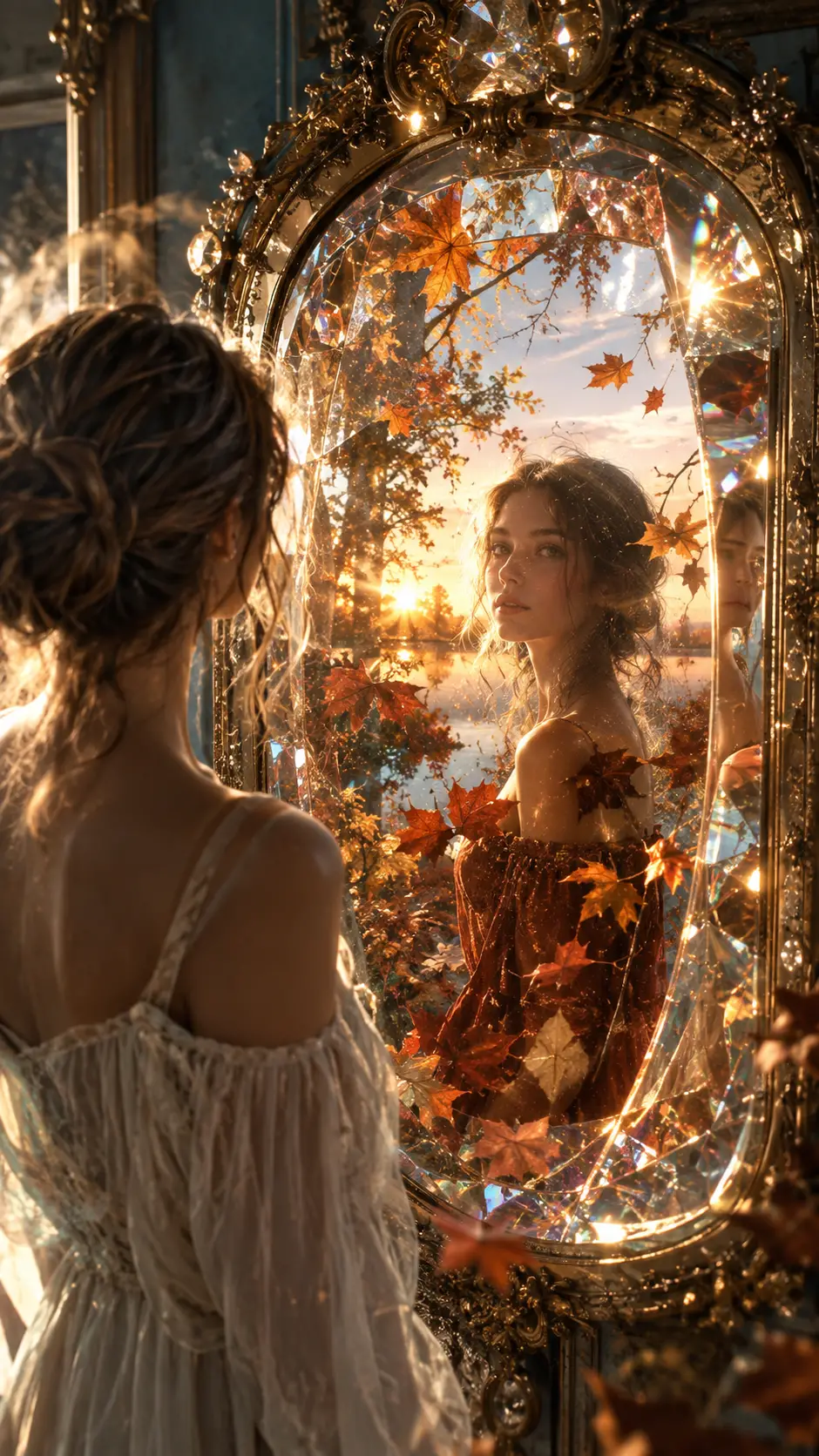 Femme Face à un Miroir Ancien au Reflet Automnal Surréaliste