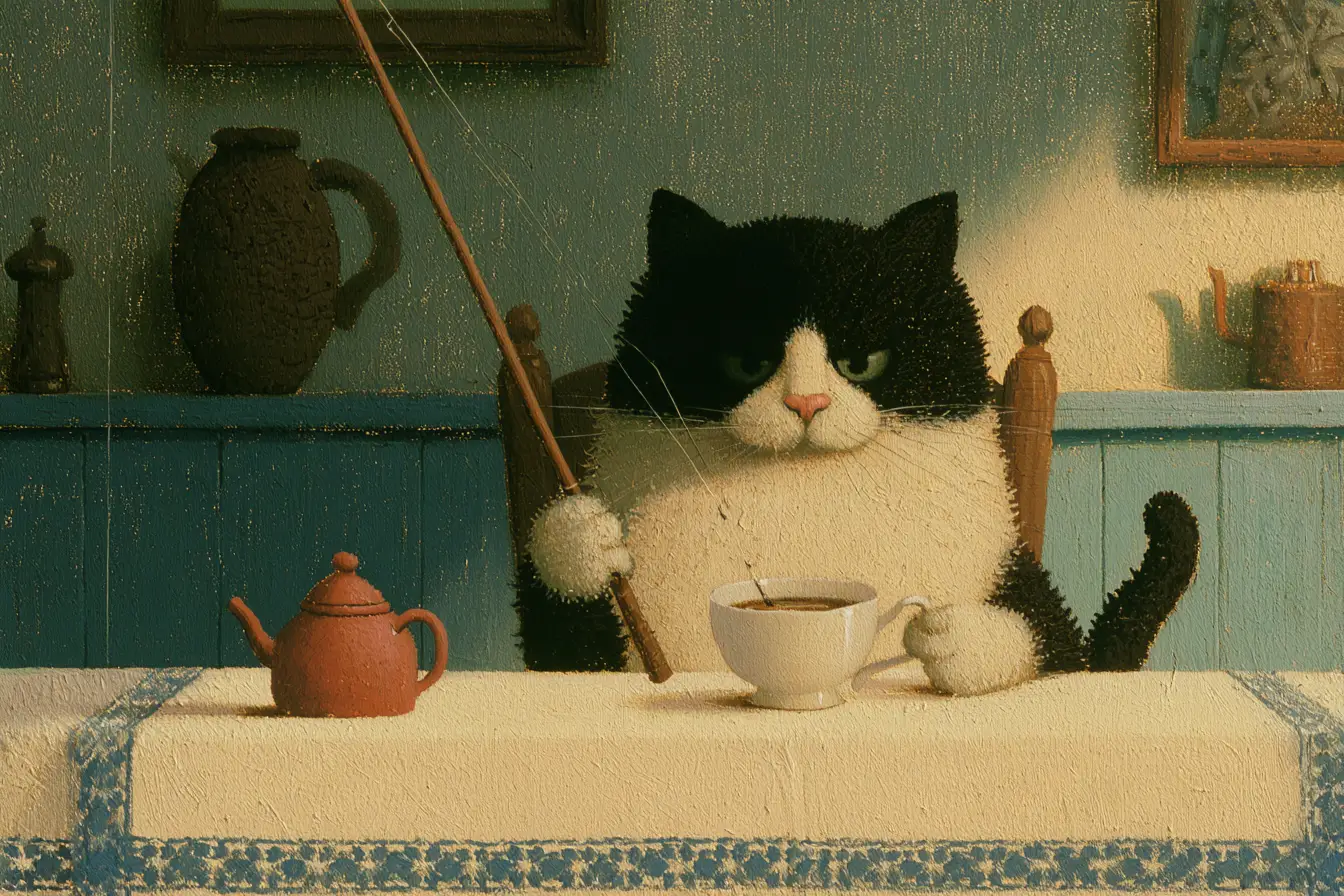 Chat surréaliste pêchant dans une tasse de thé sur une table de cuisine