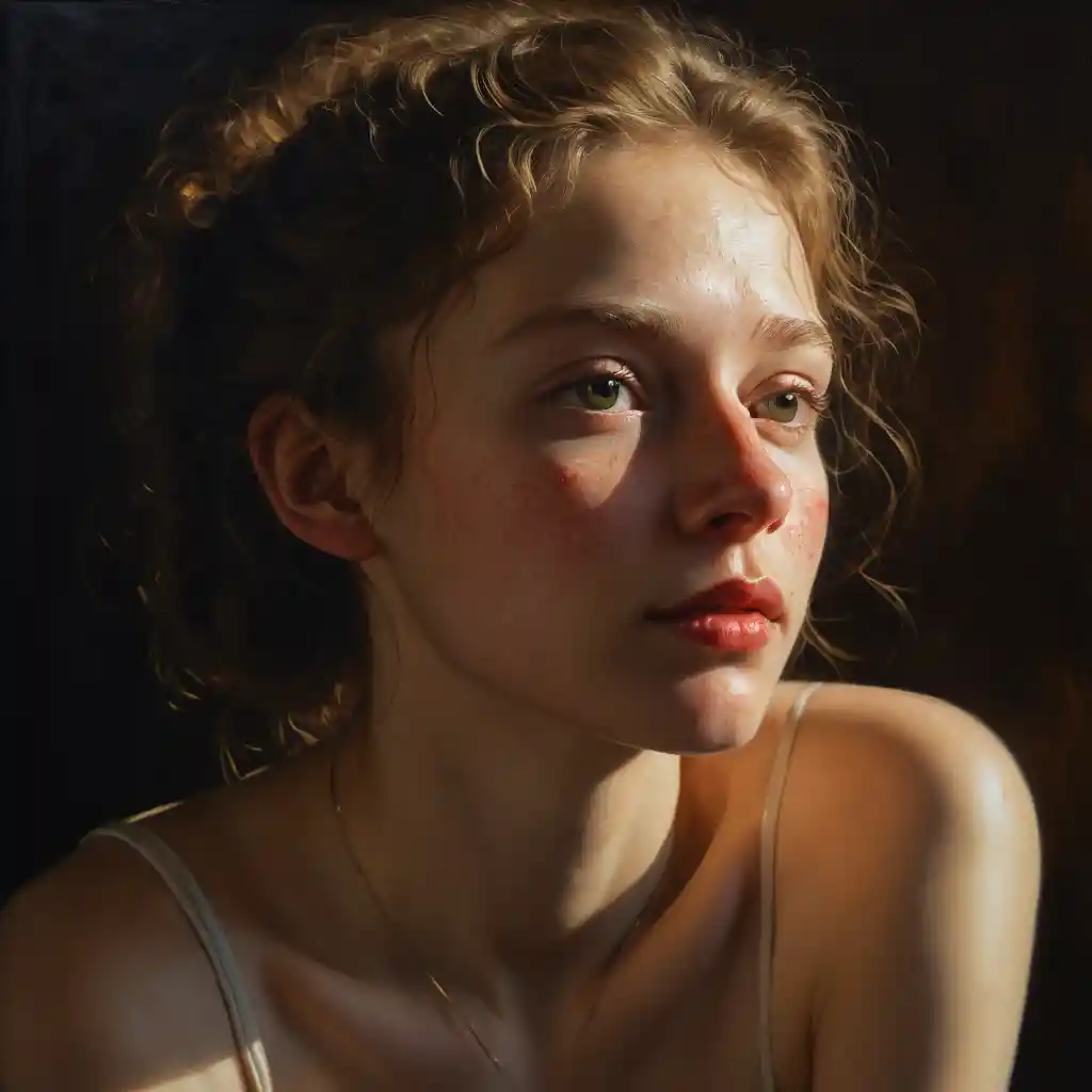 Intimate oil portrait of a freckled girl with green hair