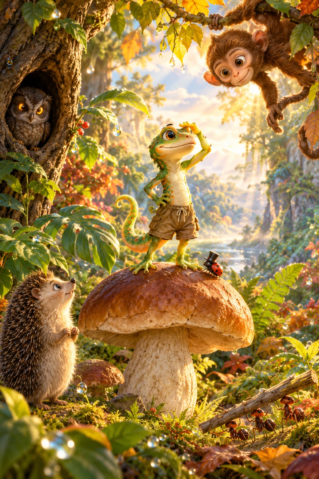 Whimsical gecko on a mushroom in a sunlit fairy forest