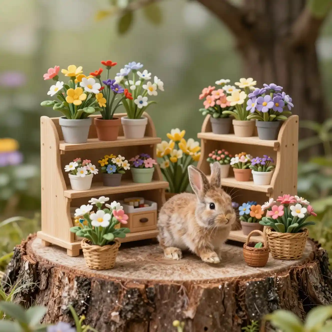 Tiny rabbits running a flower shop inside a tree stump