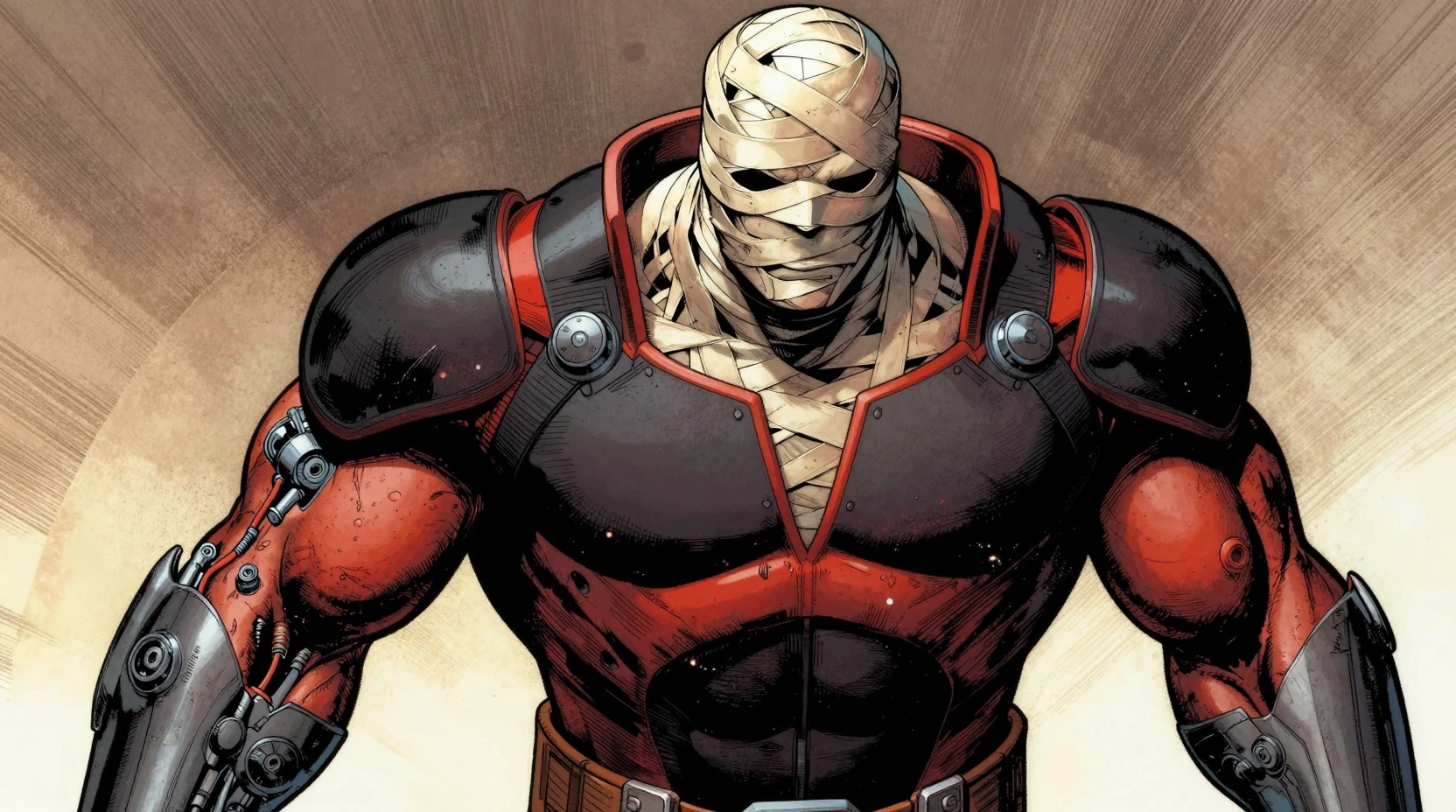 Bandaged powerhouse superhero in dramatic comic book style